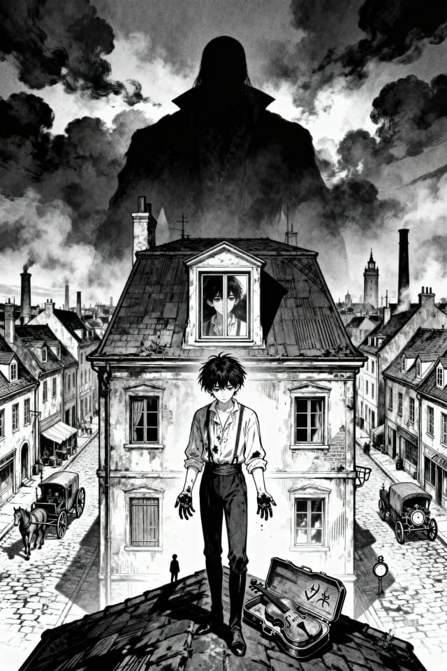 Black and white Japanese manga novel cover, dark supernatural mystery, psychological mystery, seinen manga aesthetic.
A young male protagonist standing alone on the rooftop of an old two-story European-inspired building. Messy dark hair, pale face, tired and confused expression, simple worn clothes inspired by 18th century Europe mixed with early industrial-era fashion.
He is looking down at his own hands, which are covered with dark stains. His expression shows deep confusion, as if he has awakened inside a life that does not belong to him.
The composition is dramatic and cinematic, with the protagonist occupying the lower center of the cover.
Behind him stretches a mysterious old European city filled with narrow stone streets, old houses, horse-drawn carriages, early mechanical vehicles, chimneys and distant towers. The city is drawn with extremely detailed manga backgrounds.
Above the city, enormous dark clouds form the barely recognizable silhouette of a gigantic supernatural figure watching over the city. Its presence remains ambiguous and hidden inside the clouds.
Behind the protagonist is an old rooftop window. In its reflection, the reflection appears subtly different from the protagonist, suggesting another identity or forgotten life.
Near his feet lies an antique violin case, slightly open. Inside is a mysterious violin with an unusual symbol engraved on it.
On a distant rooftop, a tiny mysterious silhouette watches the protagonist from the shadows.
Use dramatic manga ink work, black ink, white negative space, cross-hatching, screentone shading, detailed line art, expressive eyes, cinematic perspective, atmospheric fog, deep shadows, intricate architecture, visual storytelling, psychological tension, subtle supernatural elements, hidden clues, symbolic composition, seinen manga, dark mystery manga, premium Japanese manga cover illustration.
Strong contrast between black and white, dramatic lighting represented through ink and screentone, elegant composition, mysterious atmosphere.
Pure black and white manga artwork, no color, no text, no logo, no watermark.