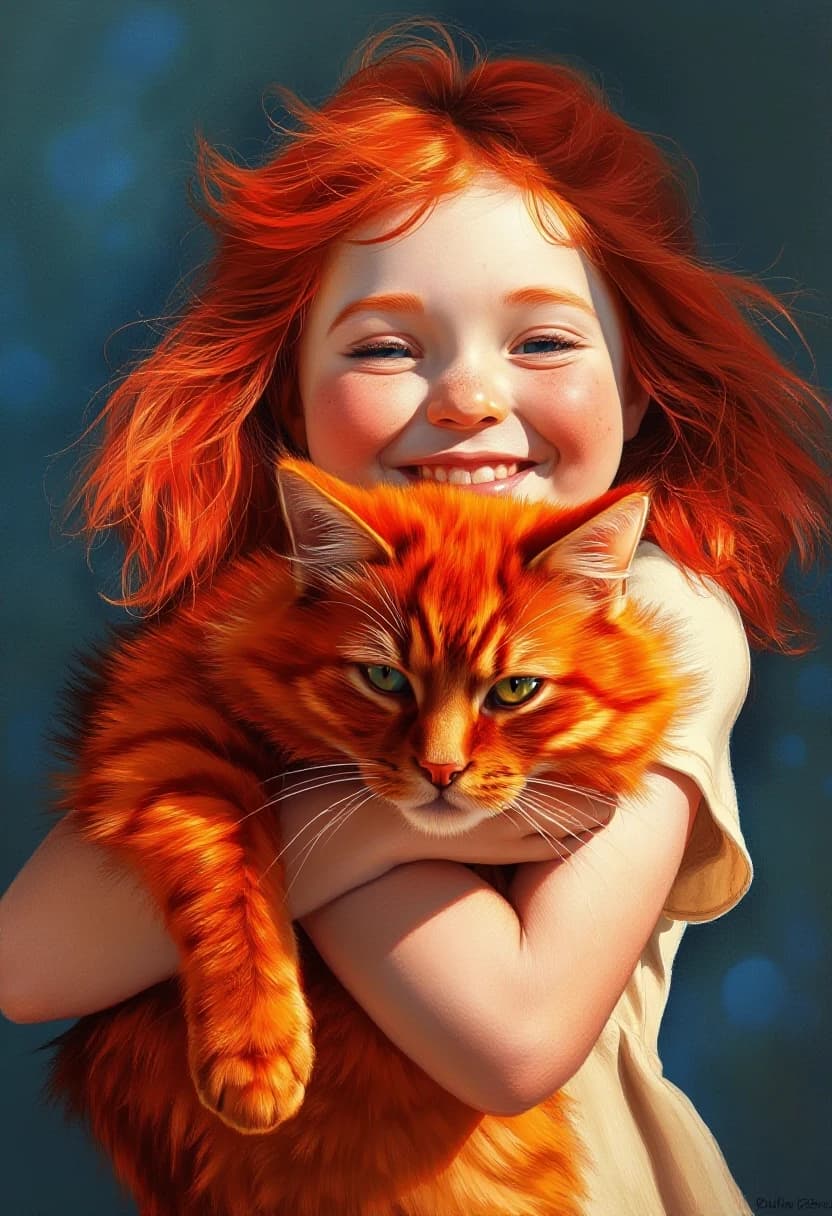 A cheerful red-haired girl holds a big red cat in her arms, hugging it. The girl has fluffy bright red hair, a freckled face, the sun's rays play in her hair, emphasizing its volume. The cat's face is crazy. Sunlight from above and from the side, diffused, blue diffused shadows on the girl and the cat. Abstract background, blurry light spots. Exquisite detailing, a masterpiece, oil painting, soft transitions, pure colors of the solar spectrum. art by Valentin Serov, Zinaida Serebryakova.