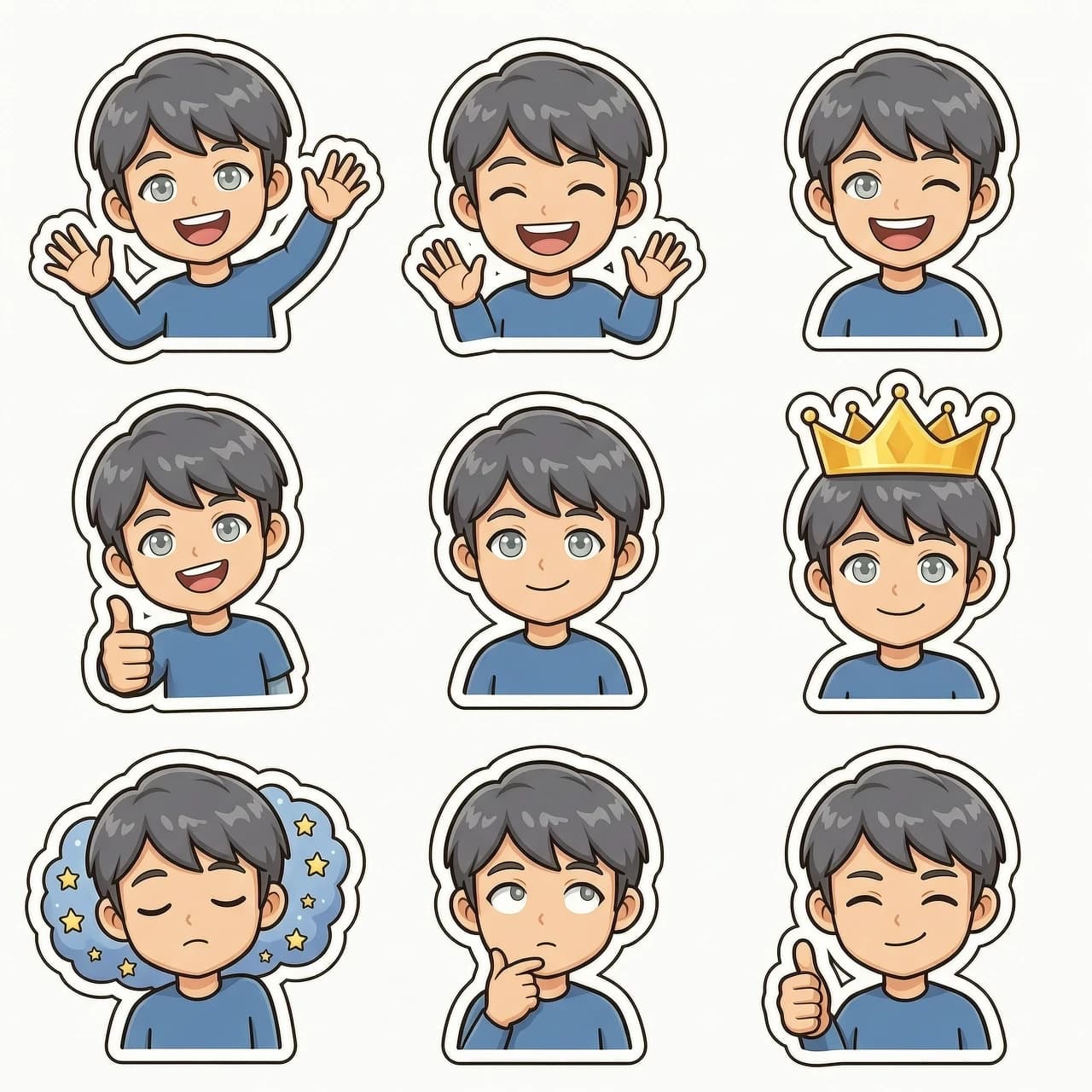 Sticker sheet featuring a 3x3 grid of 9 distinct stickers of the character from the uploaded photo, maintaining absolute facial identity: exact eyes, nose, lips, jawline, hairstyle, age, and body proportions. Visual style: high-quality 2D vector cartoon sticker art, clean lines, polished Telegram sticker aesthetic, vibrant colors, and smooth shading. The character has light gray eyes. Each of the 9 stickers must feature a unique pose, head tilt, hand gesture, and exaggerated facial expression to ensure readability at small sizes. Emotions: 1. Waving hello, 2. Pure joy, 3. Wide smile, 4. Thumbs up, 5. Content/satisfied, 6. Wearing a golden crown, 7. Dreaming with stars, 8. Thinking/pensive, 9. Nodding approval. Technical details: thick white sticker outline around each character, clean cutout silhouette, professional digital illustration, bright and friendly lighting, high contrast. Composition: perfectly organized 3x3 grid, aspect ratio 4:5, no overlapping, no text, no watermarks, no interface elements, no decorative backgrounds, no panels. Background: pure transparent/solid white for easy cutout.