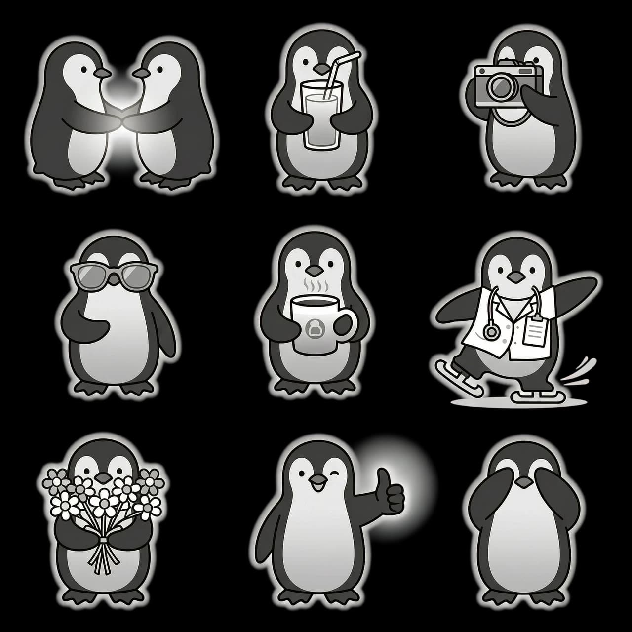 A set of 10 minimalist vector stickers on a transparent background featuring a penguin theme: penguins holding hands, a penguin drinking juice from a glass, a penguin holding a camera, a penguin wearing sunglasses, a penguin with a cup of coffee, a penguin ice skating, a penguin in a doctor's outfit, a penguin holding a bouquet of flowers, a penguin giving a thumbs-up, and a penguin covering its eyes with its flippers. Corporate design in a black-and-white color scheme with soft gradients and a subtle glow. Flat 2D style.