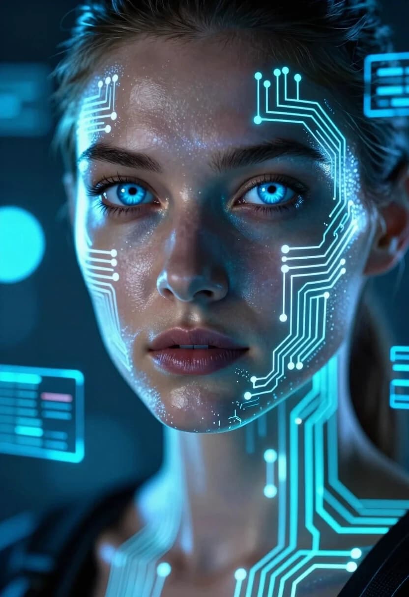 Photorealistic cinematic portrait, 8K, close-up, 1:1 aspect ratio. A young female hacker, early 30s, with intense, piercing blue eyes looking directly into the camera. Her expression is sharp and focused — no generic smile, just a hint of confident intensity in the set of her jaw.
Instead of plain text, her face and neck are overlaid with glowing circuitry schematics and microchip layouts — delicate, thin white and cyan lines that trace the contours of her cheekbones, jawline, and neck. The patterns look like holographic projections: some lines are sharp and crisp on the surface, while others appear to glow from within the skin, creating a subsurface scattering effect that makes her skin look translucent and ethereal.
The lighting is dramatic and cool: a strong key light from the left in deep cyan, a rim light from behind in electric blue, and a subtle fill light to keep the eyes alive. The contrast is high, with deep shadows on the right side of her face to emphasize the volume.
Her skin texture is hyper-detailed: visible pores, fine lines, and a slight sheen of sweat or moisture that reflects the blue light. Her irises are crystal clear with a bright catchlight. Her lips are slightly parted, not smiling, but with a firm, determined line.
Background: dark, defocused, with soft bokeh orbs of blue and teal light. Faint, out-of-focus digital interfaces and data streams float in the background, creating a sense of depth without distracting from the face.
Technical: volumetric lighting, subsurface scattering for the glowing lines, shallow depth of field (f/1.4), ultra-detailed skin texture, sharp focus on the eyes, heavy use of blue and cyan tones, no visible readable text — only abstract circuit patterns and data flow visuals.