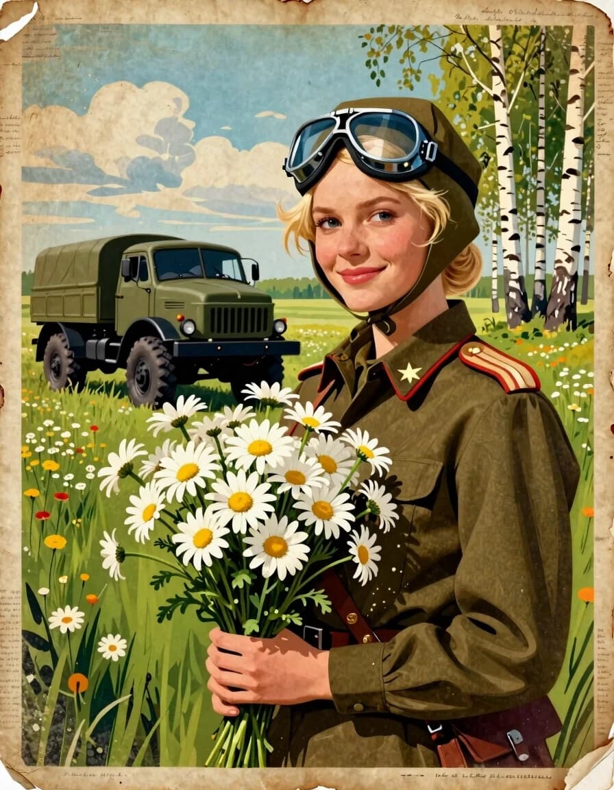 A masterpiece in the style of the 1980s, with bold lines, dynamic strokes and rich textures, against a background with a touch of nostalgia, perhaps with subtle drawings inspired by cellulose and vintage, worn textures similar to paper, oil paintings, a vintage poster dedicated to army games on Soviet-era vehicles (KAMAZ), art an illustration. The beautiful young blonde driver smiles tenderly at the audience. She is wearing a historically authentic World War II-era headdress with safety glasses pulled down over her forehead and an olive-green military tunic with stars and epaulettes corresponding to that time. She holds in a prominent place a large fresh bouquet of white daisies (daisies) with a yellow center and green stems.
In the background, a military KAMAZ truck is depicted standing on a vast green field dotted with wildflowers, under a spring sky covered with soft clouds. Tall, slender birch trees are clearly visible at some distance. The overall image is made of aged, slightly faded paper with torn, uneven edges and barely noticeable decorative handwriting (in an epistolary style) around the edges, which creates a nostalgic and historical atmosphere. Soft, warm lighting, picturesque details, an atmosphere of serenity and celebration.