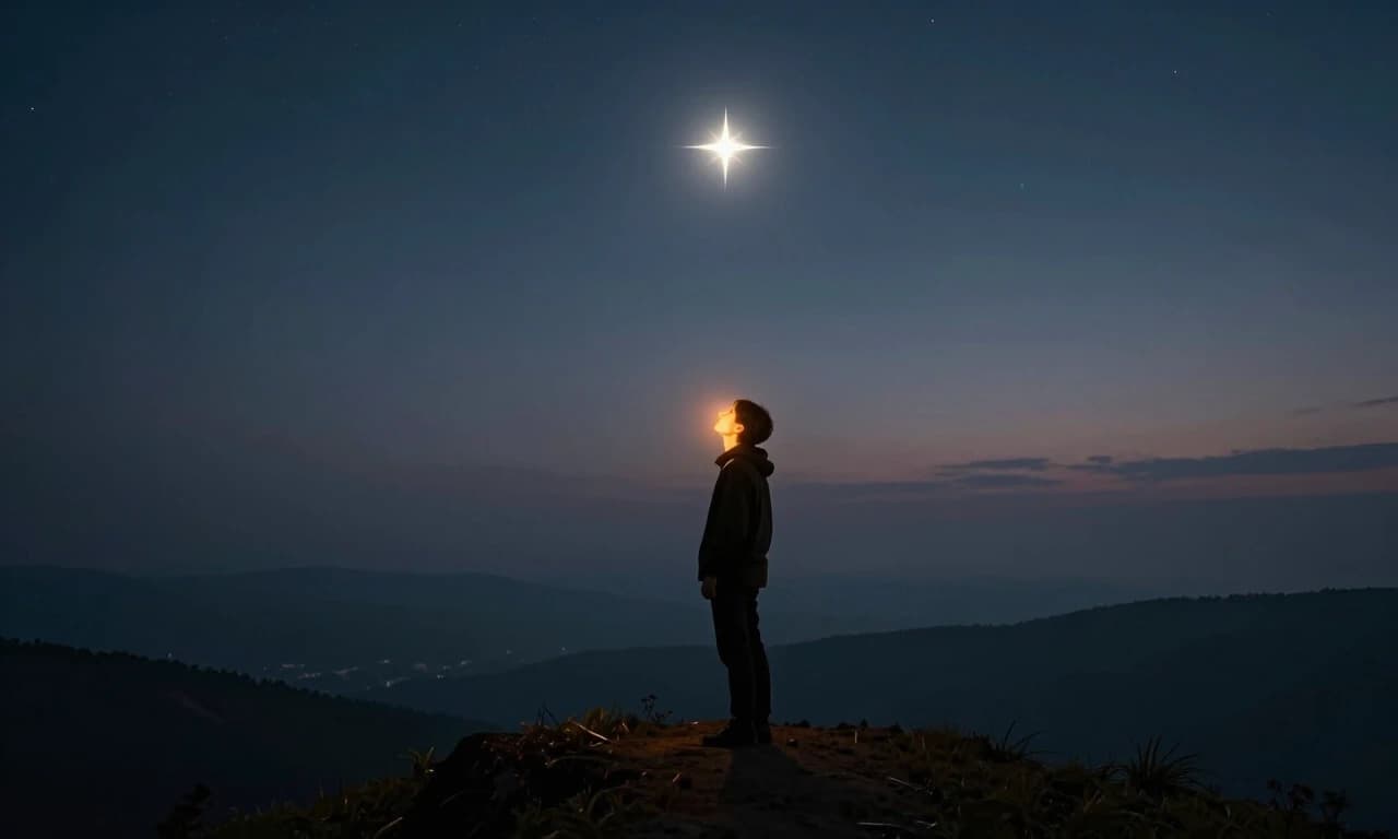 A person standing on a hilltop at dawn, gazing up at a single, impossibly bright star that illuminates their face with warm light, the landscape below is still in shadow, atmosphere of hope and high purpose, no text, no symbols --ar 16:9 --style raw --q 2 --s 250