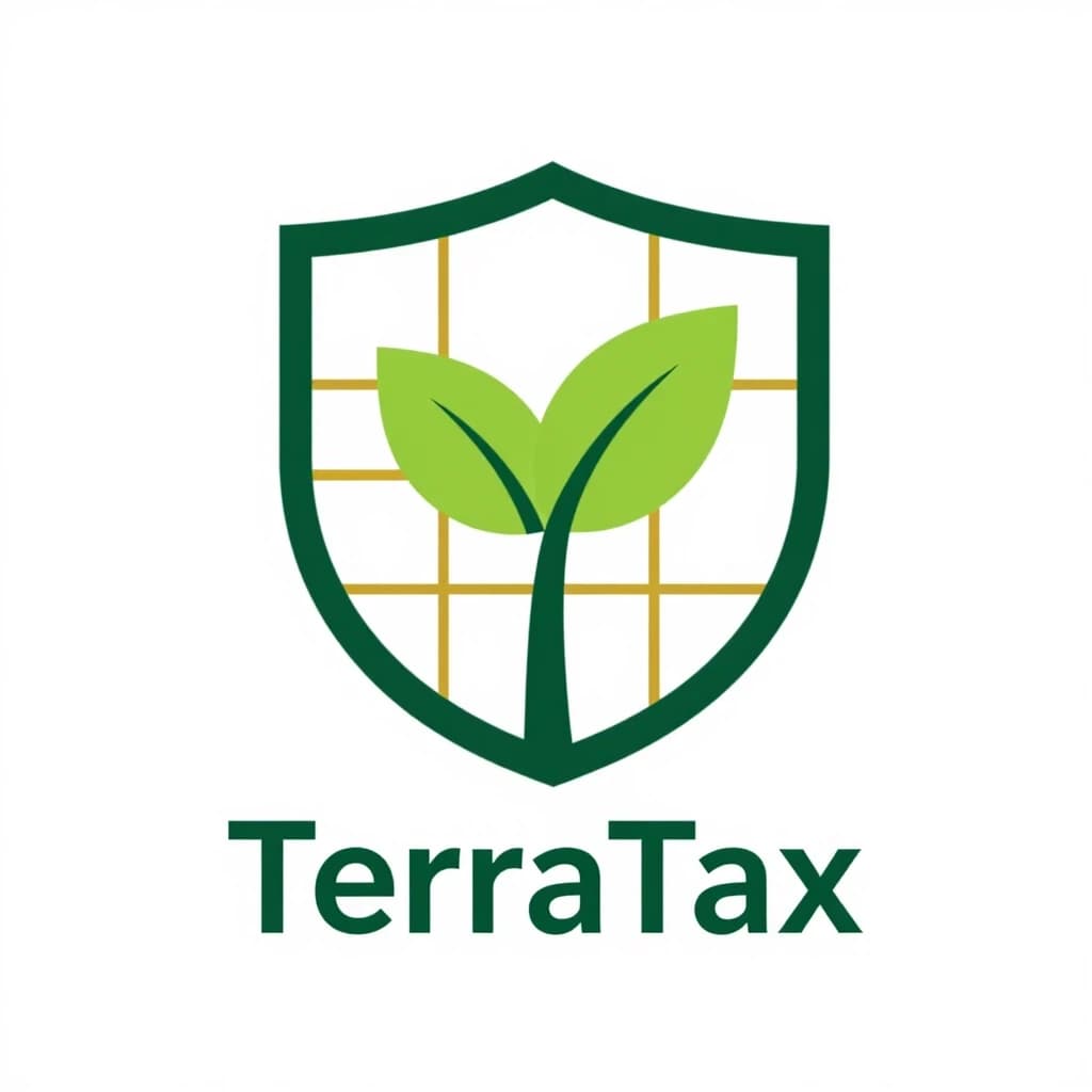 Minimalist logo design for a consulting company named "TerraTax". The name means "Earth" or "Territory" in Slavic roots. Visual metaphor: A stylized shield (representing tax protection) seamlessly merging with a geometric plot of land or a sprouting green leaf. Inside the shield, subtle grid lines represent a cadastral map. Style: Modern, corporate, trustworthy, deep green and gold color palette (symbolizing fertile soil and financial prosperity). Flat vector, geometric shapes, negative space utilization. White background, clean outlines, professional business branding. Aspect ratio 1:1.