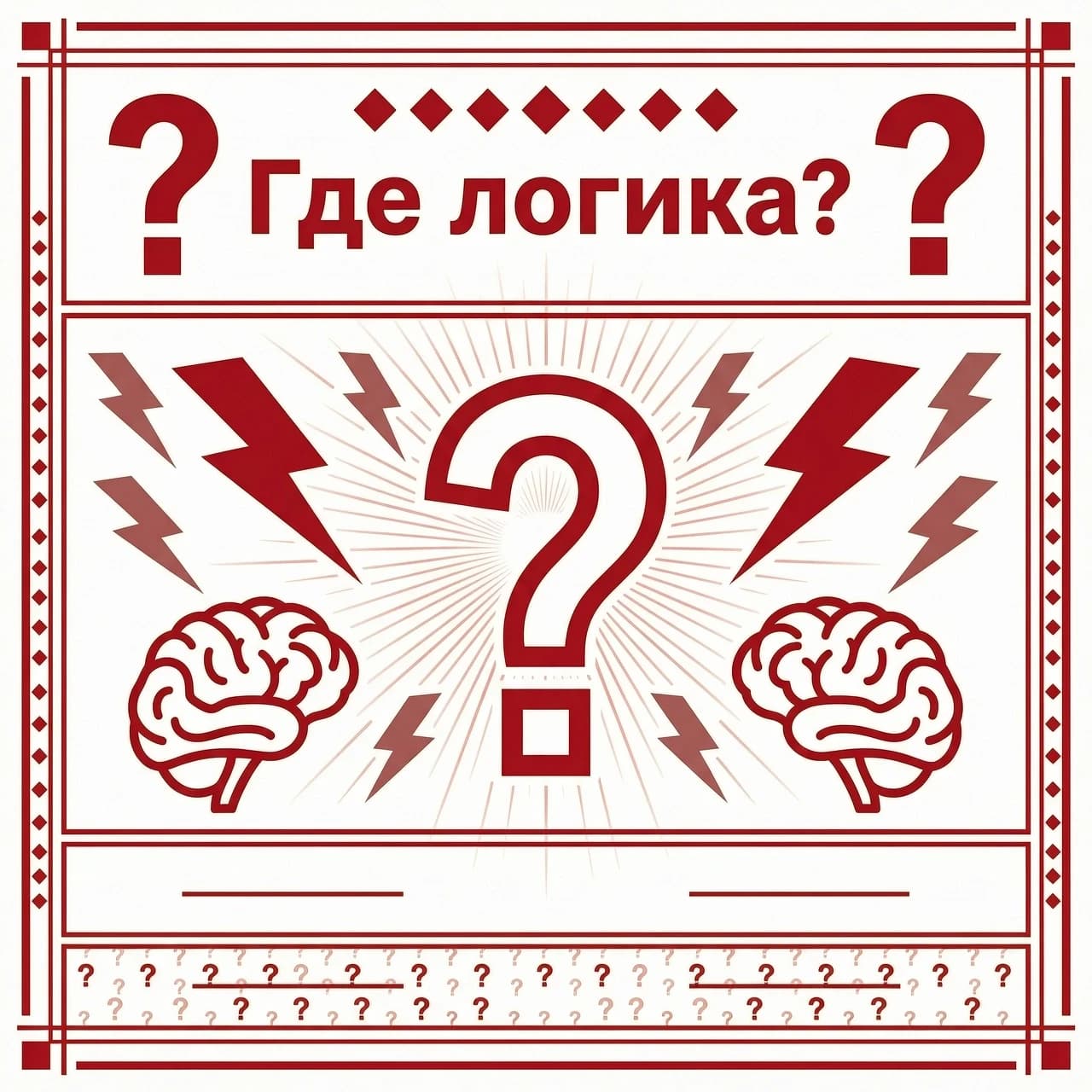 Шаблон грамоты для интеллектуально развлекательный программы "Где логика?" в красно белой цветовой гамме, с имволами вопросительный щнаки, мозг, молнии (смысл ломать голову) без подписей и надписей. Только картинка