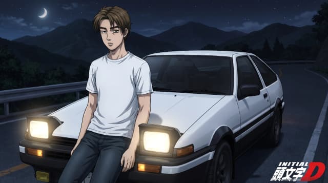 Initial D (Аниме), Такуми Фудзивара (юноша в белой футболке и в джинсах, короткие каштановые волосы, скучающий взгляд) стоит радом с Toyota Sprinter Trueno GT-APEX AE86, стоит на горной дороге, горящие фары, на фоне японских гор, ночь с луной, шедевр, крупный план, стиль аниме с реалистичными деталями