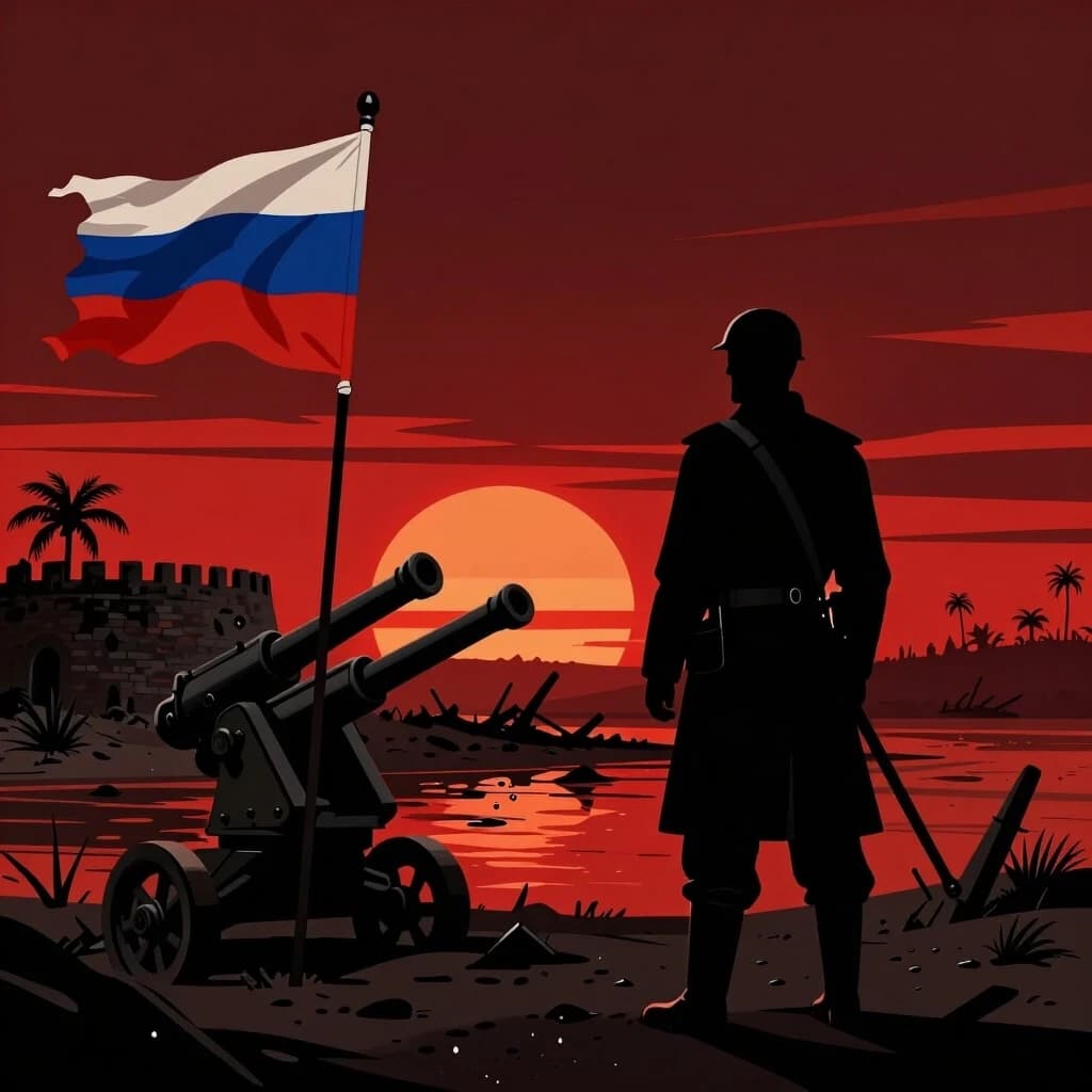 Dramatic noir illustration, graphic novel and documentary style. Silhouette of a Cossack against a blazing sunset, painted in dark crimson and black tones. He looks at a fort destroyed by artillery fire. In the foreground is sand, wet from seawater and rain, with a pole stuck in it bearing a tattered Russian flag. Contrast between harsh Russian military equipment and exotic African vegetation in the background. Deep shadows, noir lighting, a sense of hopelessness and grandeur, photorealism, cinematic composition, 16:9 aspect ratio.