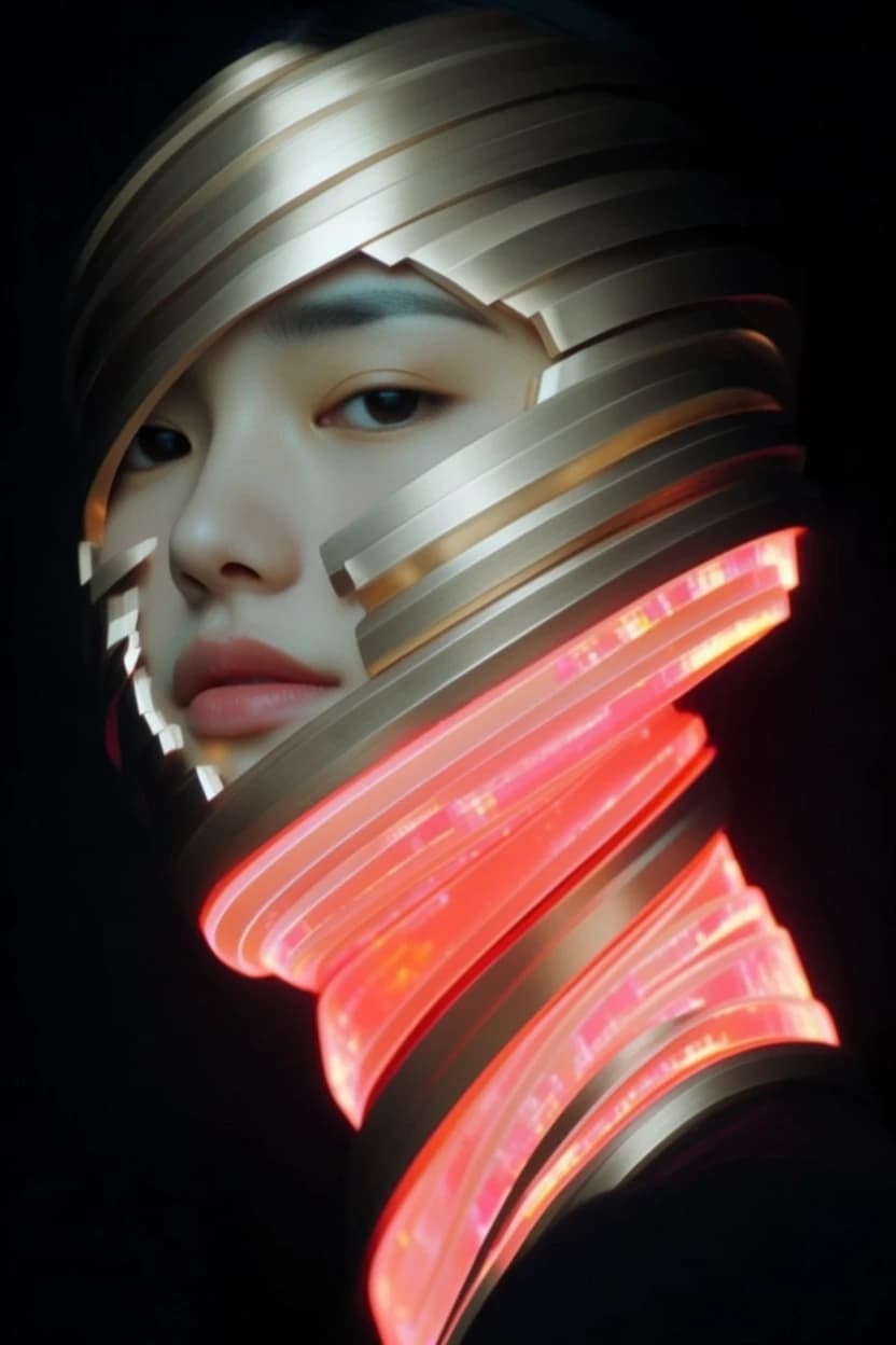 petrina hicks and mike winkelmann depict a woman as modeling for the photographer in the style of neon-infused digitalism as NeurALartStudio and Kleon's credo SLAA, light crimson and bronze, vibrant portraits, close-up, neon pop