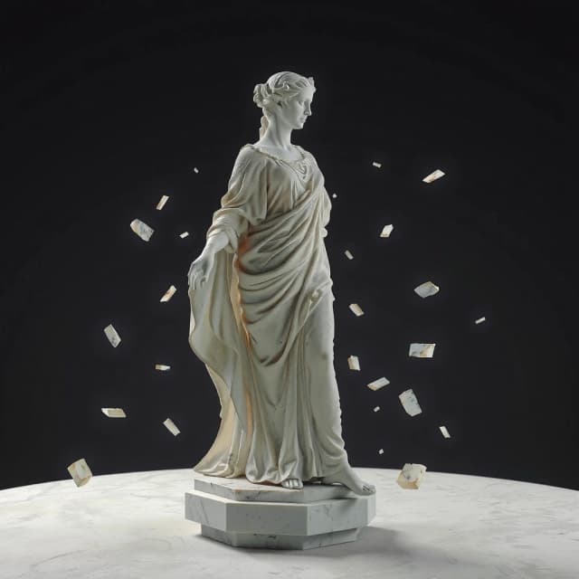 Silhouette of an ancient Greek goddess (classical statue, flowing robe) constructed from horizontal stacked 3D printing layers, FDM layer lines clearly visible, contour map style, marble texture, isometric view, floating geometric fragments nearby, no text, no letters, clean dark background, architectural render.