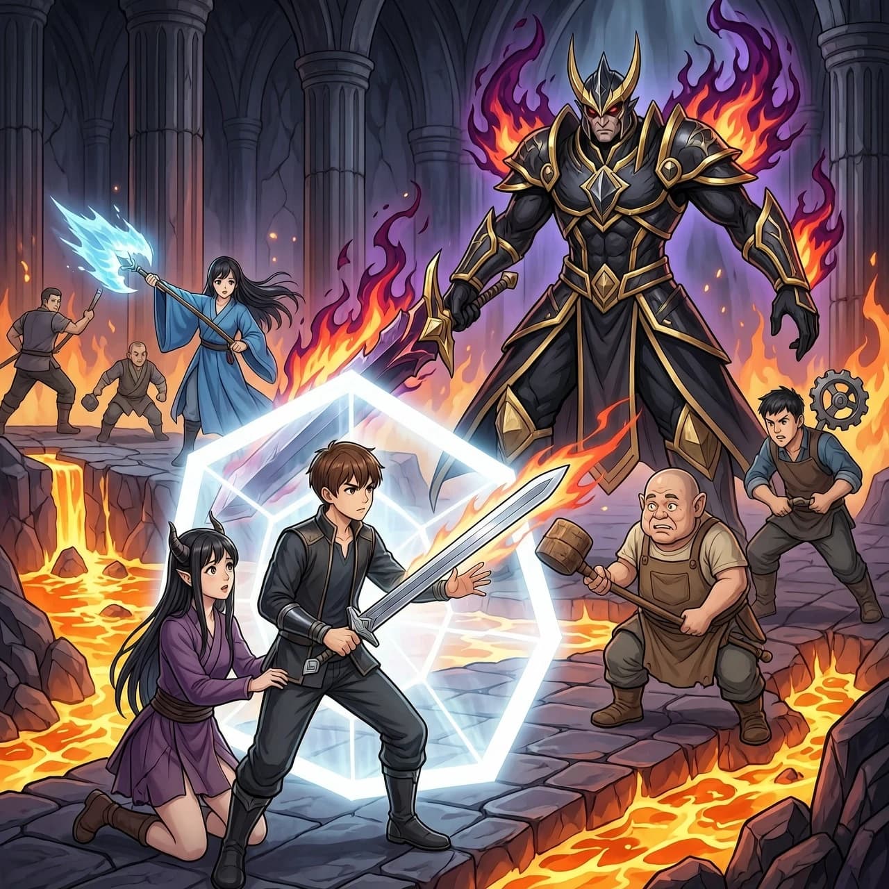 A vertical fantasy book cover composition, ultra-detailed clean digital anime art, masterpiece, no text, no words. Vibrant vivid colors, crisp clean lines, smooth digital rendering. An epic and emotional final battle scene inside a dark, monumental obsidian throne room of the Demon Emperor, surrounded by rivers of glowing lava. In the center, a handsome 18-year-old human male youth with short neat brown hair, youthful boyish features, and a look of absolute determination, standing protectively in front of his love. He is holding a polished steel hand-and-a-half sword, generating a massive, blindingly bright, glowing white hexagonal magical barrier that deflects a devastating dark fire blast. Kneeling right behind his protective shield is a beautiful young female demon with long neat dark hair, small elegant horns, looking surprised and deeply moved. Opposing them is the dark Demon Lord, a terrifying towering figure in jagged black and gold armor, wielding a massive sword cloaked in dark purple and red flames. In the background, the hero's loyal companions are fighting the demon army: a shy young human female mage in an oversized blue robe casting a tidal wave from her staff, a chubby short dwarf in a leather apron fiercely swinging a heavy wooden club, and a handsome male elf throwing mechanical explosive gears. Breathtaking dramatic lighting, epic cinematic composition, high resolution, 8k, unreal engine 5 render --ar 2:3