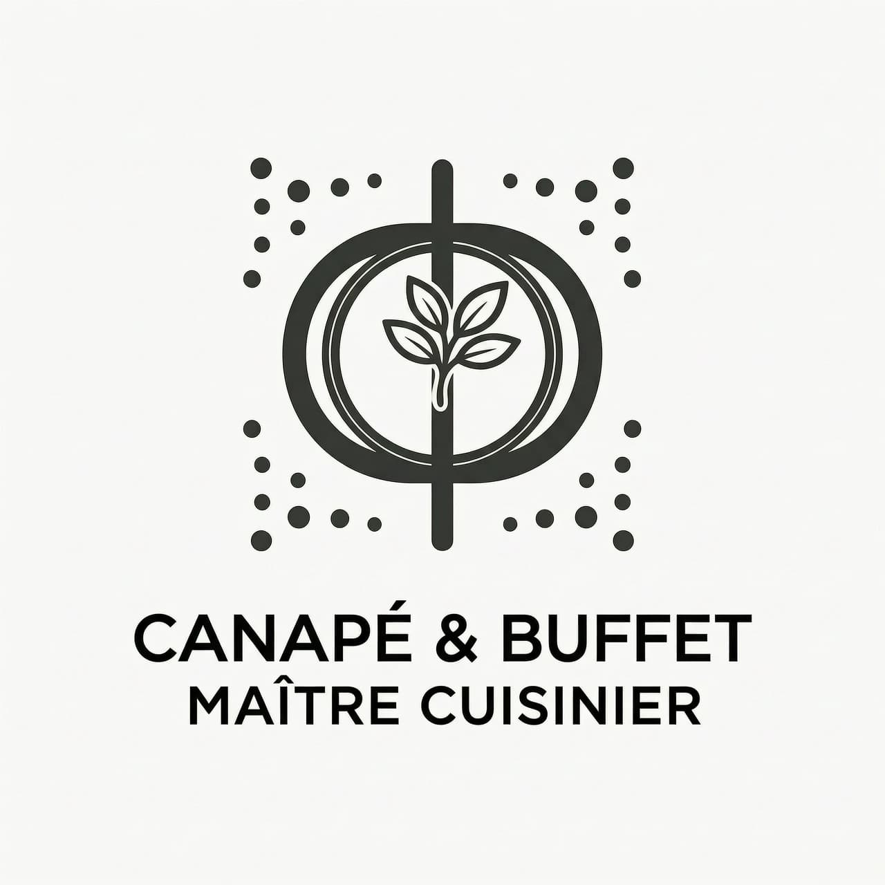 Vector logo for a self‑employed canapé and buffet master. Style: clean line art, minimalist, geometric, negative space. Central element: stylized letter “Ф” that cleverly incorporates the silhouette of a tartlet with a leaf of greenery. Use simple shapes and thin lines, no shading, no gradients. Add a small decorative dot pattern to hint at “celebration” without clutter. Font: geometric sans‑serif, bold but compact, placed below the monogram. The logo must be readable at 24 px. No background. High detail, crisp vector look, 3000×3000 px.