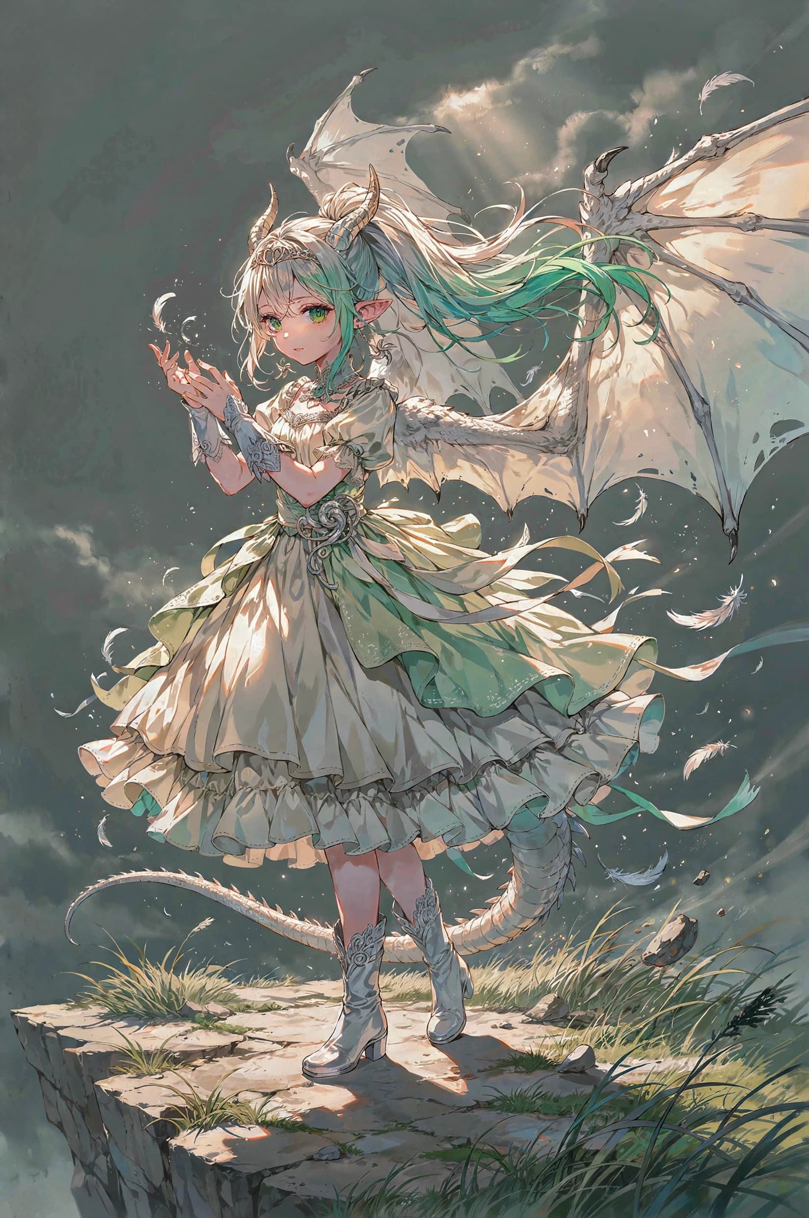 1girl, dragon girl, green eyes, large leathery dragon wings, dragon tail, dragon horns, masterpiece, best quality, absurdres, wind dragon girl, white dragon girl, high ponytail, long hair, gradient hair, multicolored hair, white streaks, green hair tips, white dragon tail, white dragon wings, white scales, pointy ears, frilly elegant dress, empire waist, wind brooch, wind earrings, wind accessories, wind tiara