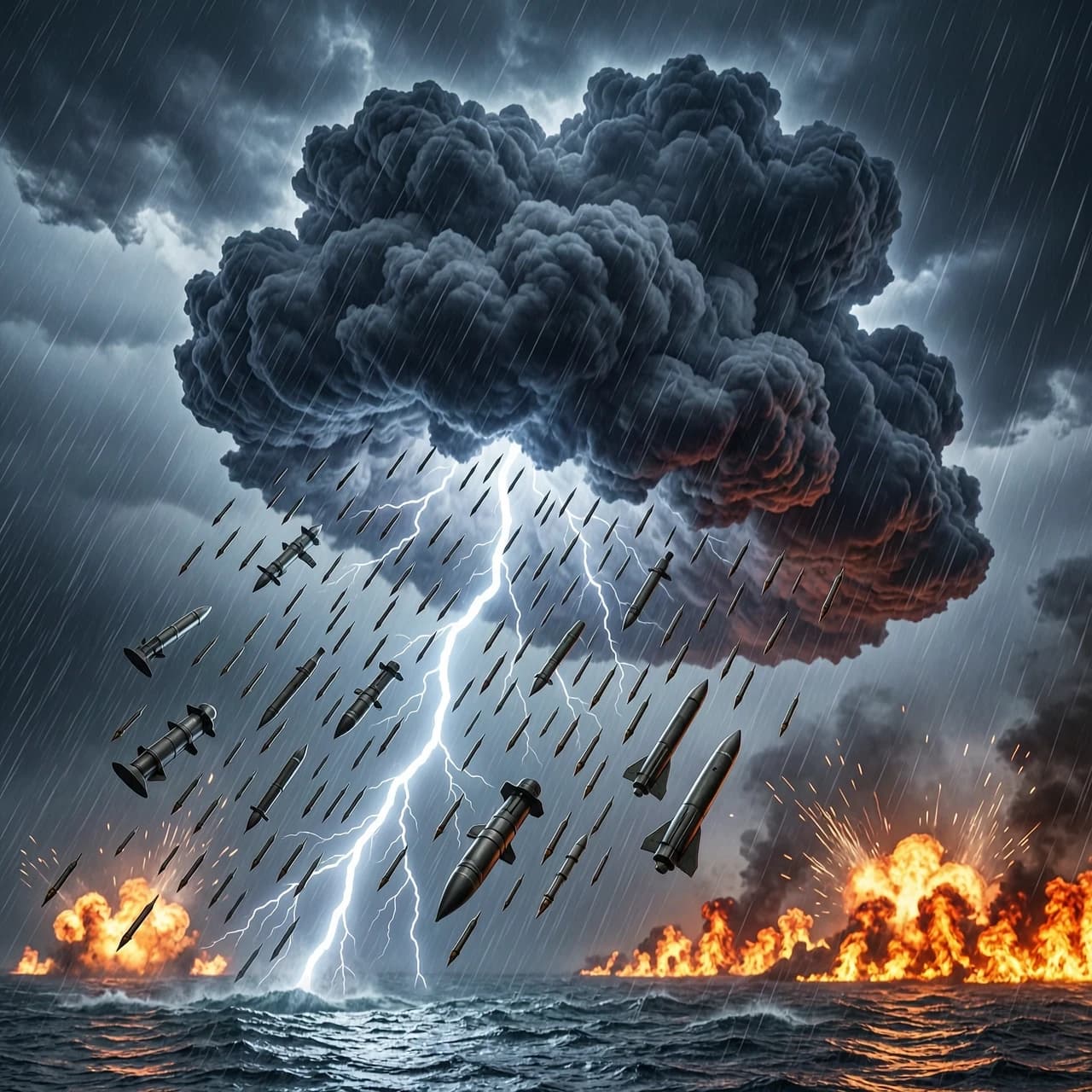 Majestic cinematic hyper-realistic digital art depicting a chaotic under a colossal thunderstorm. Mid-shot focus In the center, a massive, menacing thundercloud with dark, bruised textures and internal flashes of lightning. A torrential downpour from this cloud of freezing rain is violently mixed with a deadly barrage of falling bullets, military rockets, torpedoes, and heavy ballistic missiles, creating a sense of diagonal vertical kinetic motion. On the distant horizon, the sky is torn apart by fiery orange explosions and the viscous, glowing texture of spreading napalm, casting an eerie, hellish light against the cold, dark clouds. Volumetric lighting, high contrast between the cold blue storm and the warm inferno, intricate details of metallic projectiles and fluid motion, epic scale, dark atmospheric mood, rendered in Octane, 8k resolution.