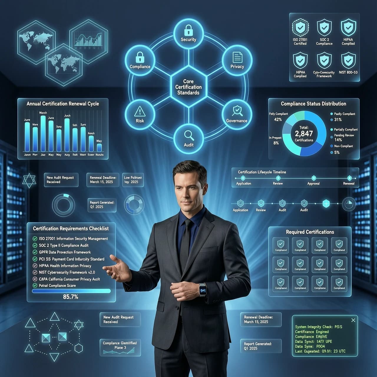 Modern a sleek corporate tech style, featuring a central professional character surrounded by floating, glowing holographic infographics and 3D data visualizations. The composition focuses on "Certification Requirements," depicted through translucent UI elements, floating checklists, glowing icons, and complex geometric diagrams. The color palette is dominated by deep navy, electric blue, and cyan gradients, creating a high-tech, sophisticated atmosphere. Lighting is cinematic with soft volumetric glows emanating from the holographic data, casting subtle blue reflections on the surroundings. The background is a clean, minimalist dark workspace with a shallow depth of field to emphasize the floating elements. High-detail vector art aesthetic combined with smooth 3D rendering, sharp lines, clean typography, and a sense of organized digital complexity