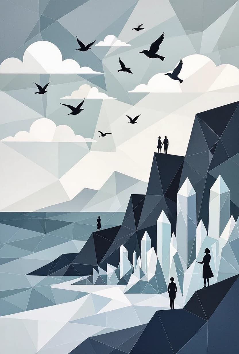 A polygonal pattern on canvas, a scroll, angular bold lines, stencil watercolor, a high plateau with translucent stalagmites, a pearl-gray sea below, glass birds above, clouds and silhouettes of a woman and a man, glass birds in the sky, a minimalist palette.