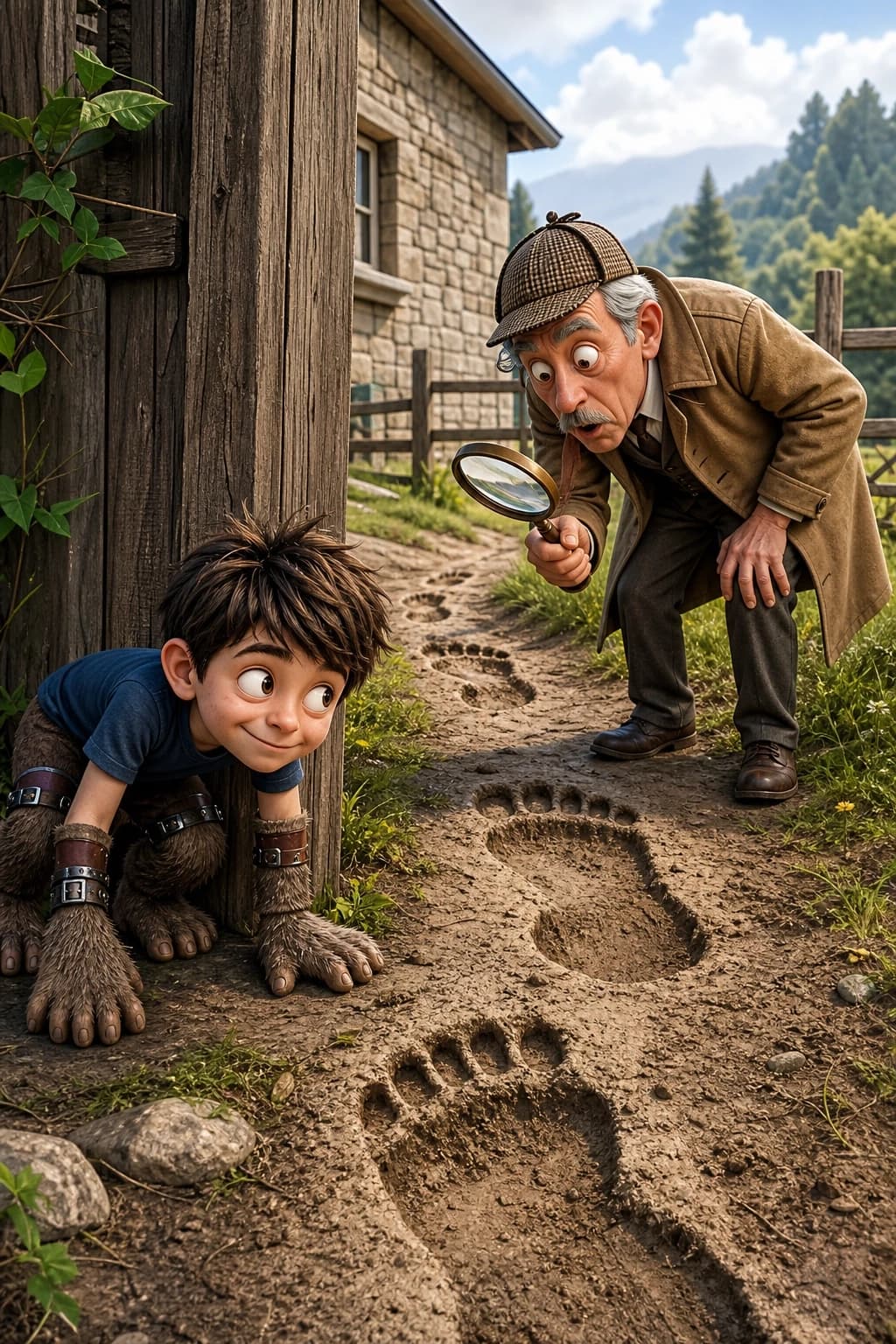 The boy has a special workout every day: he walks on all fours, wearing special attachments on his arms and legs, imitating the legs of a bigfoot (yeti), and leaves huge footprints. Show a cute boy who hides around the corner of a country house, leaving footprints as described above. An old detective stands at one of the tracks with a magnifying glass and attentively examines the bigfoot (yeti) trail with surprise. Exaggerated facial expressions, high detail, humorous illustration.