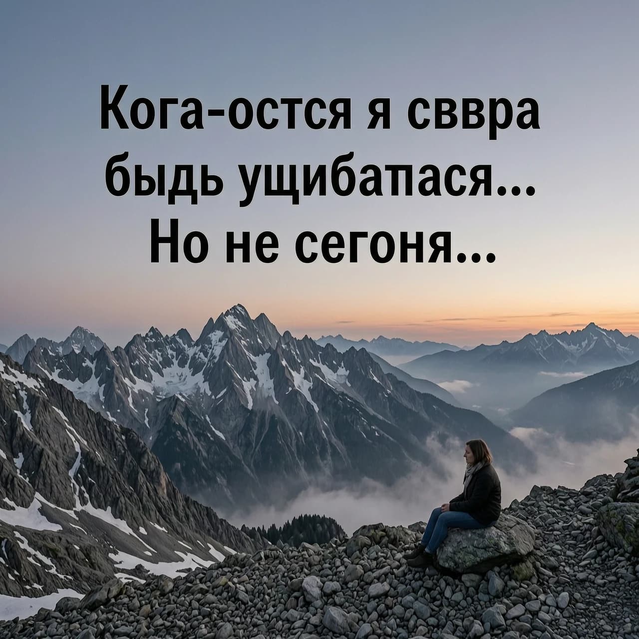 Создай меланхоличное изображение на фоне гор на рассвете и сделай надпись Когда-нибудь я снова буду улыбаться... Но не сегодня...