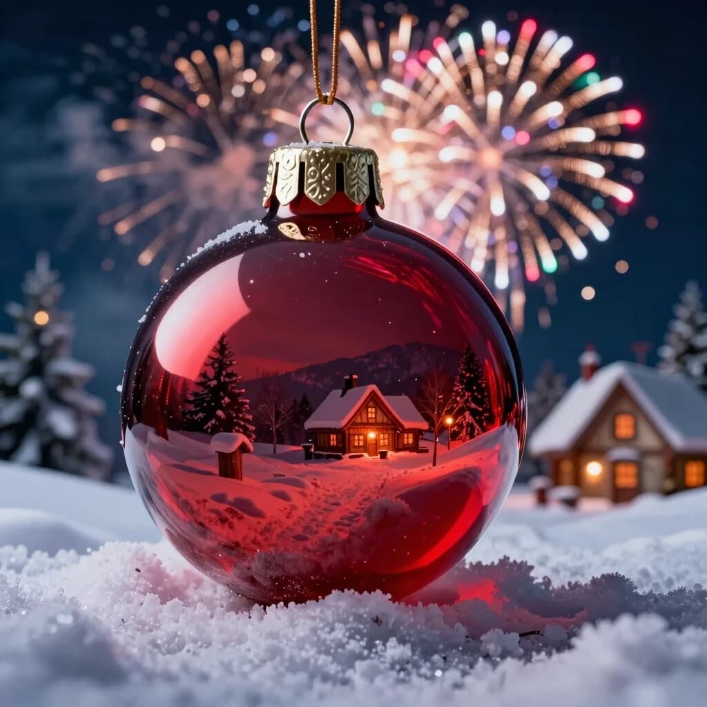 A hyperrealistic digital double exposure artwork for New Year's. Three distinct images are seamlessly blended: the detailed, reflective surface of a red glass bauble, a snowy fairytale landscape with a cozy cottage, and the vibrant, colorful explosion of a firework in a night sky. Expert mixing of textures – smooth glass, soft snow, sparkling light trails. Rendered in a trending Artstation style with extreme photorealism, intricate details, and a magical, layered composition that evokes holiday wonder.