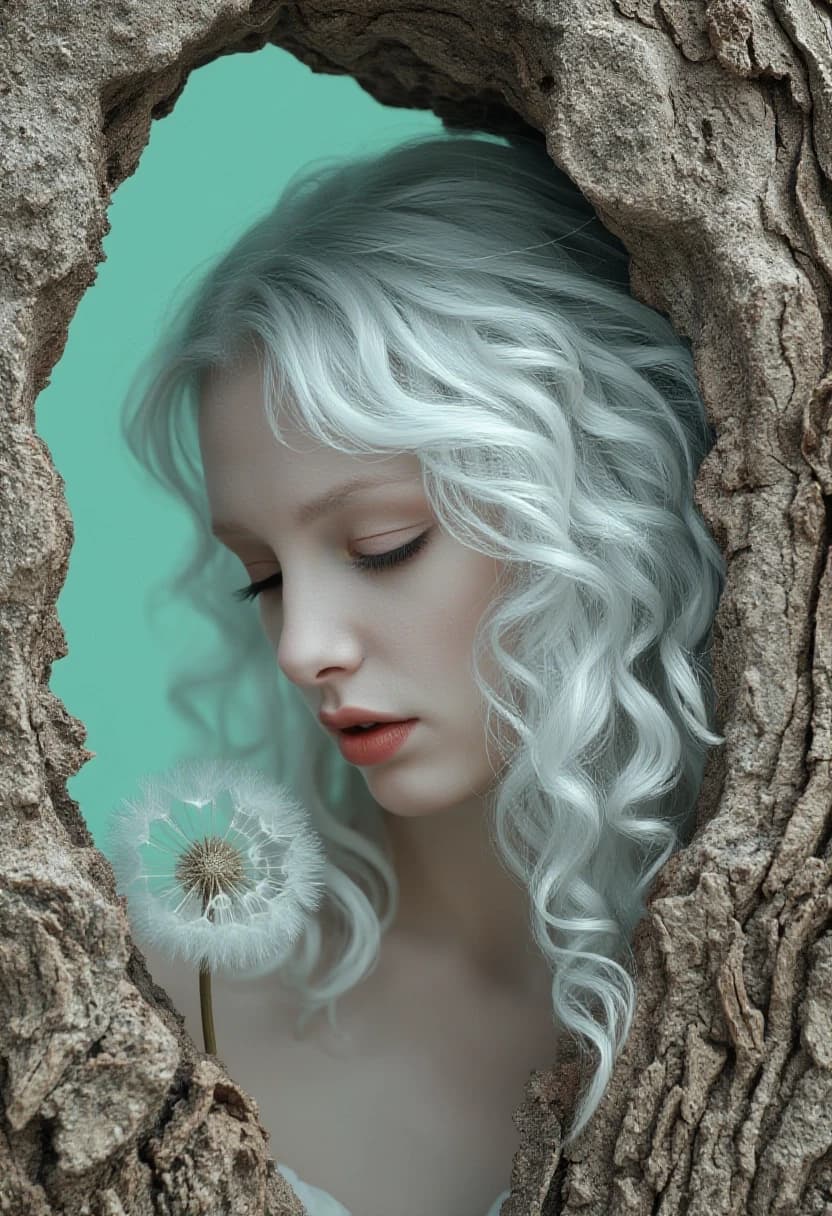 Description: Photorealistic detailed concept art in a minimalist style, various textures, stone and bark, aesthetic, attractive white albino woman looking down, mint lips, conceptual mint color and white, recording, really huge white hair curly hair white dandelion, perforated pages, French hairstyle, woman and giant mint crescent moon, mint background.