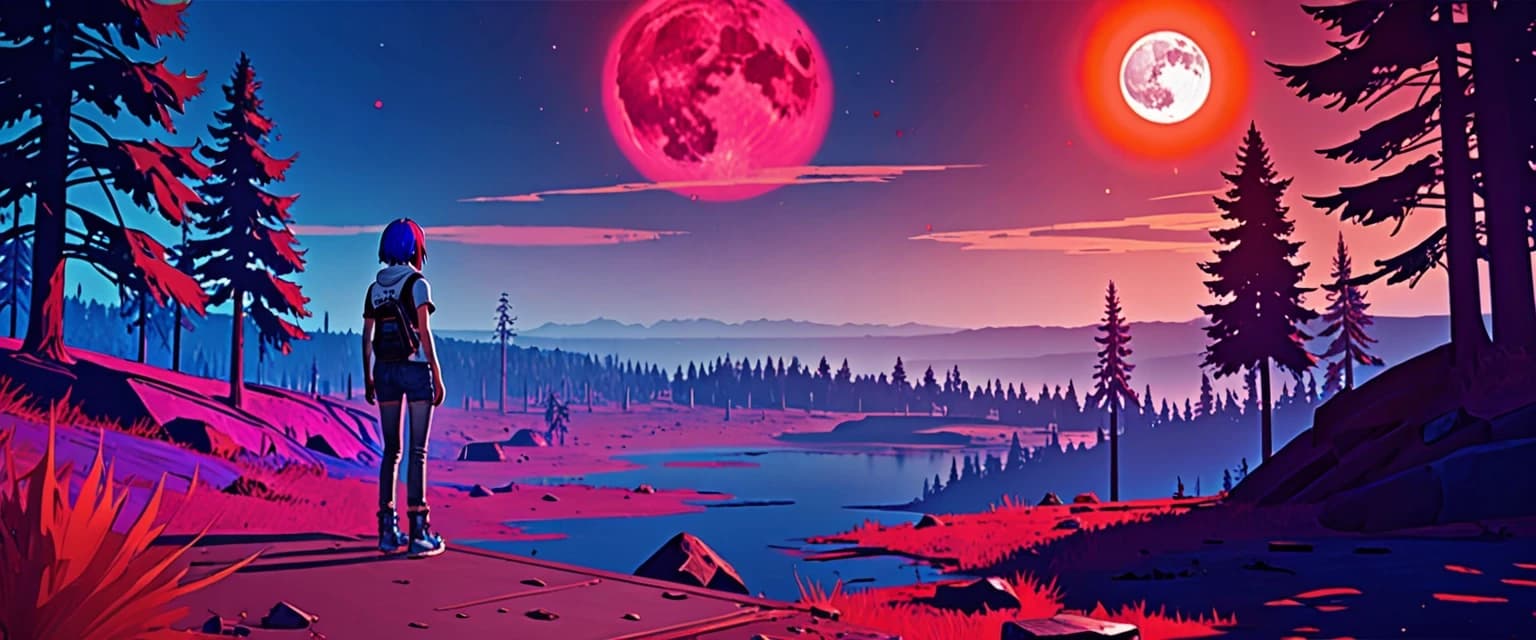 A natural landscape, art from *Life Is Strange*, Chloe Price, retro rave style, neon color, indigo, chrome, blood‑moon colors Nuclear flame of amber color A mercury‑colored wind of ultramarine hue A star named Sun, the color of a jaguar.