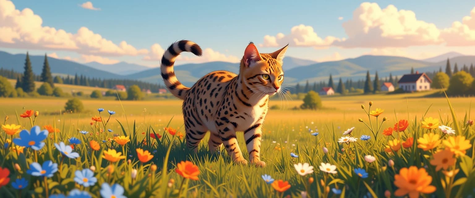 Кошка с двумя кошачьими хвостами за спиной породы савана играет на цветочном поле. Время суток ближе к вечеру. На фоне виднеются невысокие горы и уютные жилые домики. Добавь кошке второй хвост. Аниме стиль.