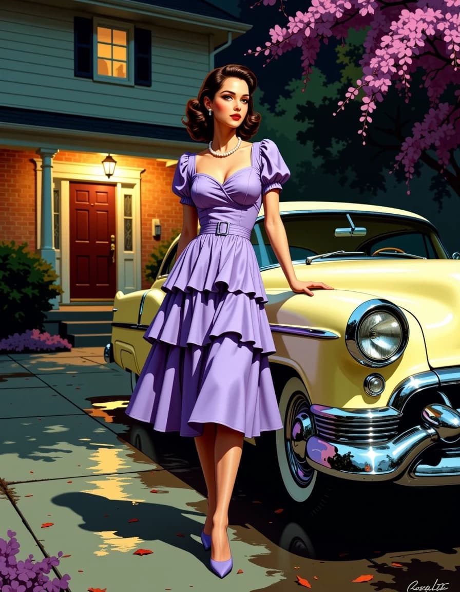 A masterpiece, in the style of the 1980s, with bold lines, dynamic strokes and rich textures, on background with a touch of nostalgia, perhaps with subtle drawings inspired by cellulose and vintage, worn textures similar to paper, oil painting, Cinematic nighttime suburban scene, photorealistic vintage pin-up aesthetic: a glamorous 1950s woman in a lavender tiered dress with puff sleeves and a wide belt, pearl necklace, red lipstick, perfectly coiffed brunette hair, walking gracefully and leaning against the hood of a cream-colored classic car with gleaming chrome bumpers, dual round headlamps and whitewall tires. Warm porch lights and wisteria-draped eaves cast soft backlight, while a cool directional key light from camera-left sculpts her figure and creates dramatic shadows and reflective highlights on the car. Wet driveway with subtle reflections, scattered autumn leaves, manicured front garden and mid-century brick house in soft bokeh. Low-angle three-quarter composition, shallow depth of field, sharp detail on face, dress texture, chrome and glass, moody contrast, rich color grading, slight film grain, high dynamic range, volumetric light, studio-level retouching, ultra-detailed, 8k realism.
