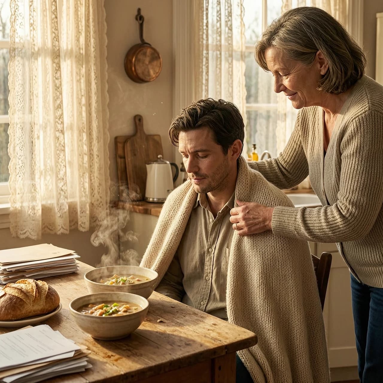 Cinematic photorealistic shot, emotional storytelling photography. A man in his late 20s, looking weary but deeply relieved, sits in a sun-drenched, cozy kitchen, resting in a state of profound peace and recovery. He is being cared for by a kind, middle-aged woman with a nurturing expression, who is gently placing a warm, handmade knitted blanket over his shoulders. The atmosphere is one of absolute safety, stability, and domestic warmth.
The environment is a clean, organized, and lived-in home: a wooden table with steaming bowls of nutritious homemade soup, fresh bread, and organized documents or household items nearby, suggesting the quiet process of rebuilding life and order. Soft, golden hour sunlight streams through lace curtains, illuminating dancing dust motes and creating a warm, amber glow.
Composition: Medium shot, intimate close-up, shallow depth of field with a soft bokeh background. The lighting is soft, warm, and diffused, evoking a sense of being "tucked in" and protected. The color palette consists of warm earth tones, creamy whites, and soft ochre. High detail on textures: the weave of the wool blanket, the steam rising from the food, the gentle wrinkles of care on the woman's face. Mood: Serene, healing, grounded, and profoundly comforting. Hyper-realistic, 8k, shot on 35mm lens.
Replace the man's face with the attached photo