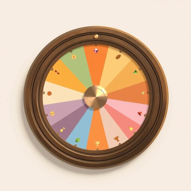 Top-down view of a fantasy game wheel of fortune, perfectly circular,
12 equal colored sectors, flat vector game art style, mobile game UI asset.
Warm cozy farm-game palette: soft cream, sage green, muted orange,
dusty blue, gentle pink, soft lavender, warm sand, pale terracotta —
alternating warm and cool tones, thin dark-gold divider lines.
Polished dark wooden outer rim with carved edge and subtle wood grain,
brass/golden hub in the center with a small round cap. Soft ambient
lighting from top-left, gentle glossy sheen on the rim, slight drop
shadow under the disc. Each sector has a small emoji-style icon
(coins, seeds, fertilizer, gem, trophy, leaf) — simple, flat, readable.
Clean composition, wheel centered, fills 90% of frame.
Style reference: cozy 2D farm / cooking mobile game, hand-painted
cartoon look, soft edges, no photorealism.