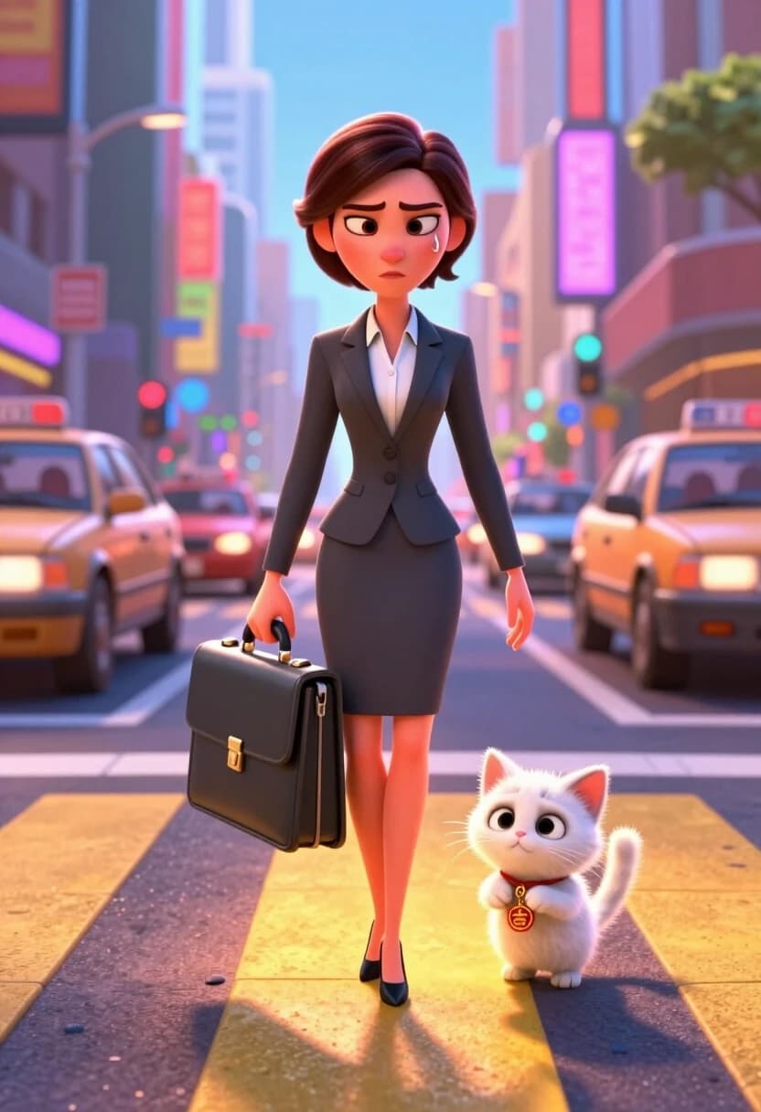 3D-rendered cinematic animation style, Pixar-level lighting, vibrant saturated colors, high-end octane render. A confident, sharp-dressed businesswoman in a power suit stands in the middle of a bustling, hyper-detailed city intersection at rush hour — cars, pedestrians, and neon signs all moving in fast motion blur. But time seems to slow around her: she’s performing her secret habit. Every time she steps on a yellow tile of the pavement, she does a tiny, precise pirouette — just a quarter-turn, barely noticeable to anyone else. Her face is stone-cold serious, as if this is a matter of life and death, not a quirky ritual. The contrast between her stern, professional demeanor and this childish, hidden compulsion is the joke. Close-up on her face shows a single bead of sweat and a flicker of panic when she sees a yellow tile coming up. The kitten — a tiny, fluffy white one — is tucked into her oversized briefcase, peeking out with wide eyes, as if he’s the only one who knows her secret. He’s holding a miniature lucky charm in his paws. Volumetric lighting, rim light on the woman’s silhouette, soft glow on the kitten. Mood: comedic tension, hidden vulnerability, high energy.