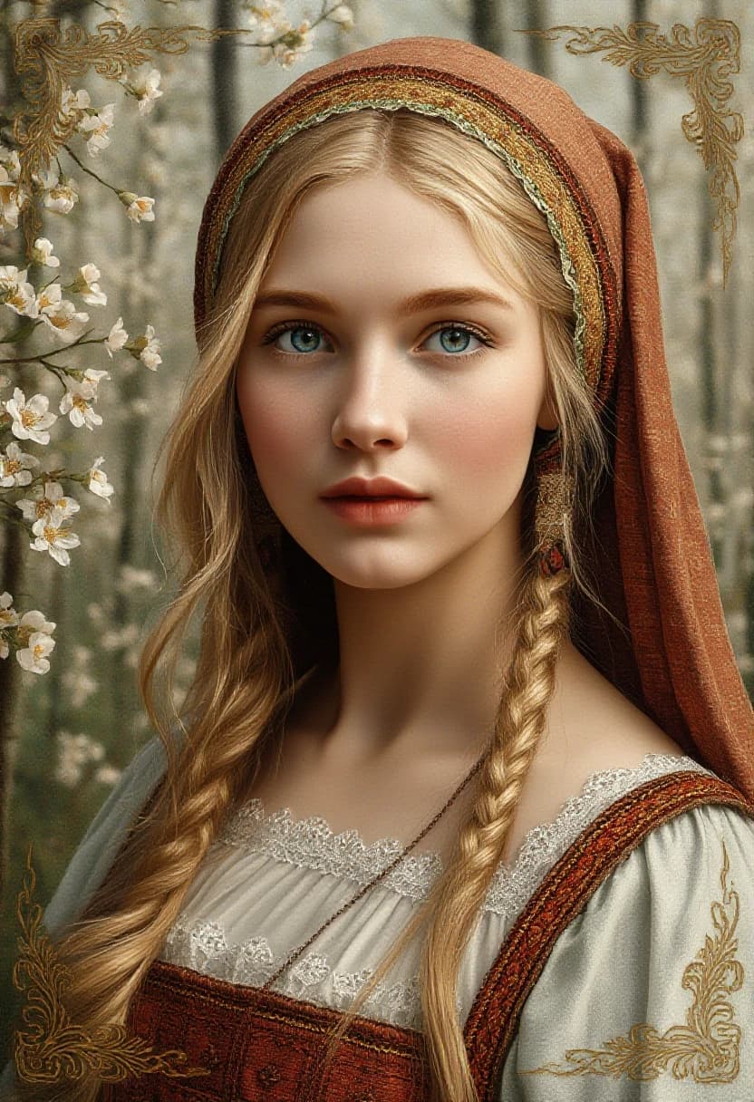 Russian Russians: A detailed portrait of a young woman of Slavic appearance from the 16th century in a traditional long Russian sundress and a traditional Russian cocoanut headdress, with blonde hair against the background of a spring blooming forest, in full growth. In the Glitter style: magical realism, natural symphony, shapes dissolve into color, lines flow like water, translucent layers with a watercolor texture, intricate ornaments at the corners of the composition.
High quality, 4k, octane, cinematic lighting, dramatic composition, eyes with increased detail, delicate skin texture, professional photography, depth of field, Leica camera, artstation trends, spectacular lighting, mystical atmosphere, detailed textures, volumetric lighting, works by Viktor Vasnetsov and Ivan Bilibin, gouache painting style, style Russian fairy tales, photorealism. An atmosphere of joy and serenity.