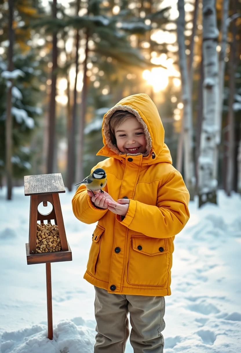 A little boy in a bright winter jacket stands in a snowy park, joyfully feeding a great tit from his open palm. The tiny bird perches gently on his fingers and picks up a sunflower seed. The child smiles with wonder as he watches the bird. A rustic wooden bird feeder stands nearby, with footprints in the fresh snow. Tall fir trees and birches fill the background, with gentle winter sunlight filtering through the branches. Heartwarming childhood wonder and love for nature. Realistic photography, cinematic lighting, highly detailed, natural emotions, vertical greeting-card composition.