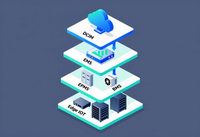 Isometric vector diagram showing data center systems hierarchy. Four stacked horizontal layers connected by vertical arrows: top layer is a DCIM cloud platform icon; second layer is EMS module with energy chart icon; third layer shows EPMS (electrical panel icon) and BMS (HVAC fan icon) side by side; bottom layer shows edge IoT controllers and server racks. Clean flat design, blue-teal-cyan gradient, gray‑blue background, professional tech infographic, crisp geometric shapes, no text labels.