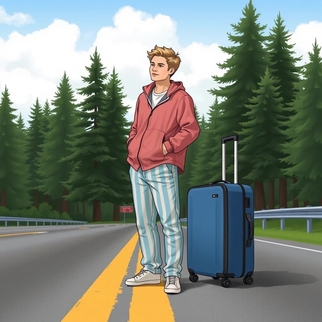 A mystical illustration of a handsome young man in his 20s with blond hair and eyes standing on a highway in the middle of a pine forest. He's wearing striped pajama pants and a pink windbreaker, looking around, and next to him is a large blue rolling suitcase with a handle. High-quality image, attention to detail.