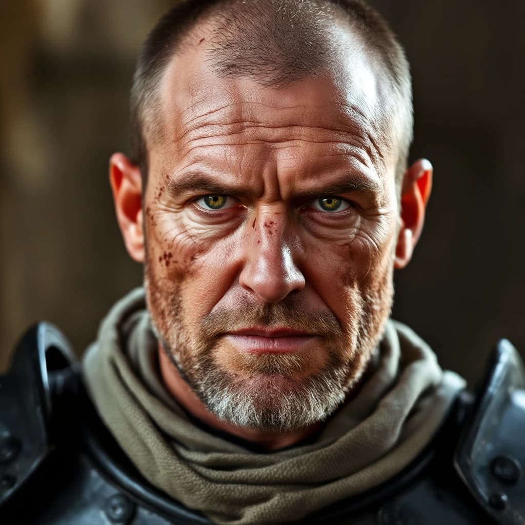 A middle-aged man with a calm gaze of green eyes, dressed in a crusader's uniform with black armor. He has scars on his face from the past. He doesn't have a beard and has a short haircut.