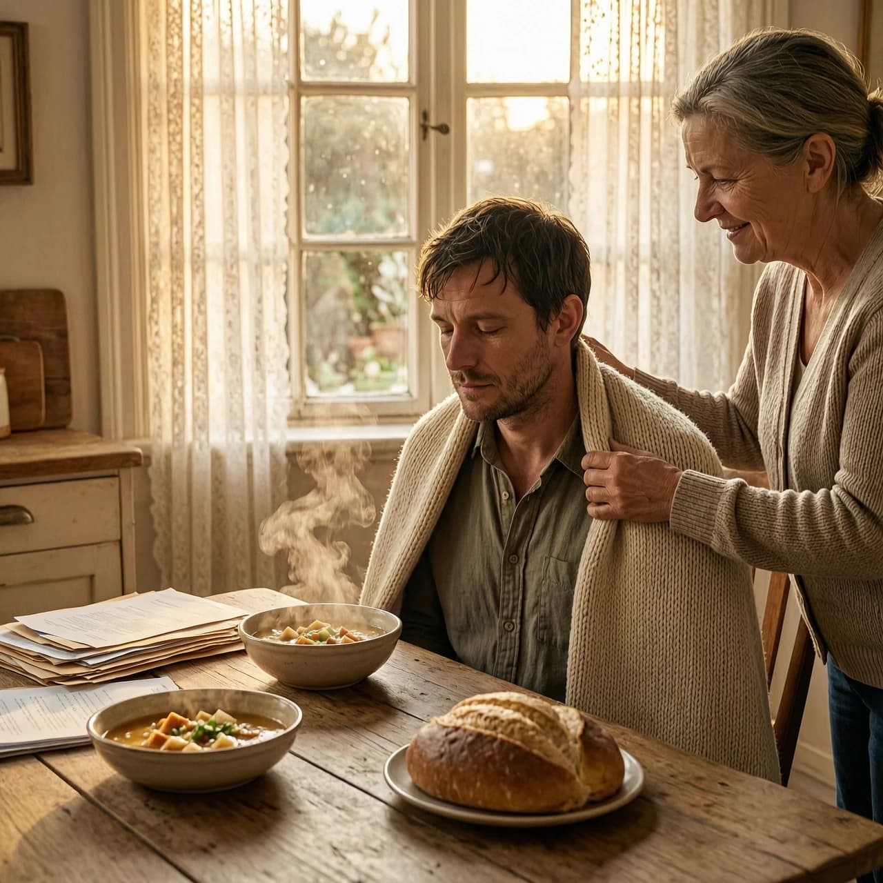 Cinematic photorealistic shot, emotional storytelling photography. A man in his late 20s, looking weary but deeply relieved, sits in a sun-drenched, cozy kitchen, resting in a state of profound peace and recovery. He is being cared for by a kind, middle-aged woman with a nurturing expression, who is gently placing a warm, handmade knitted blanket over his shoulders. The atmosphere is one of absolute safety, stability, and domestic warmth.
The environment is a clean, organized, and lived-in home: a wooden table with steaming bowls of nutritious homemade soup, fresh bread, and organized documents or household items nearby, suggesting the quiet process of rebuilding life and order. Soft, golden hour sunlight streams through lace curtains, illuminating dancing dust motes and creating a warm, amber glow.
Composition: Medium shot, intimate close-up, shallow depth of field with a soft bokeh background. The lighting is soft, warm, and diffused, evoking a sense of being "tucked in" and protected. The color palette consists of warm earth tones, creamy whites, and soft ochre. High detail on textures: the weave of the wool blanket, the steam rising from the food, the gentle wrinkles of care on the woman's face. Mood: Serene, healing, grounded, and profoundly comforting. Hyper-realistic, 8k, shot on 35mm lens.