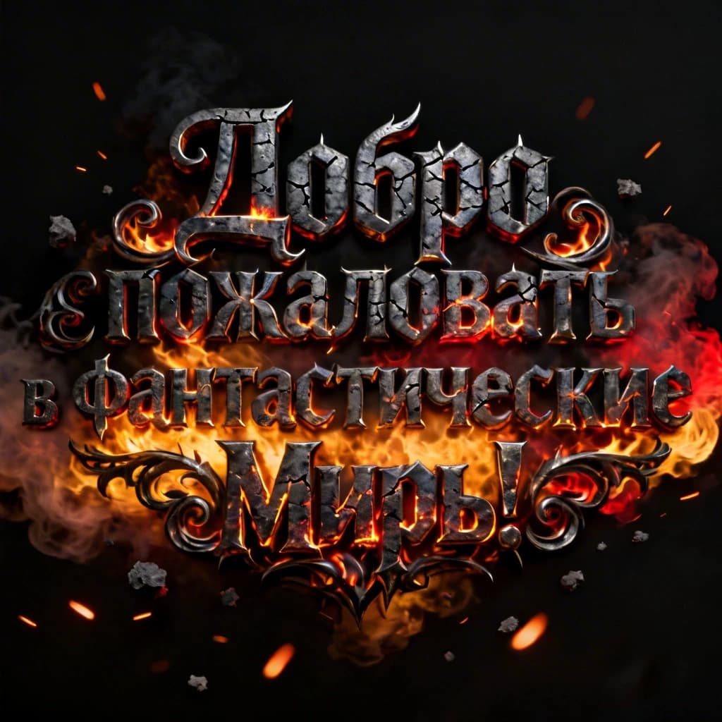 Cinematic glowing charred obsidian and smoldering coal title text in Russian: "Добро пожаловать в фантастические миры!" with intricate gothic-inspired, flame-twisted curlicues and sharp, cracked metallic filigree, figured letters with a rough, charcoal-black texture and deep glowing cracks, intense amber and crimson ember glow and fiery heat haze bloom around the text, volumetric 3D typography, high contrast infernal lighting from within, subtle floating ash particles and fiery sparks in the air, on a solid pure black background, game splash screen title style, epic and primal, ultra-detailed, high quality, sharp focus, no people, no characters, only text.