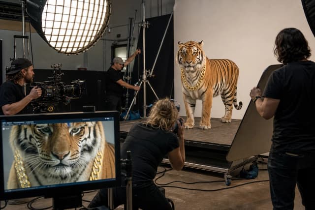 Ultra realistic behind-the-scenes studio photoshoot scene, a majestic tiger as the main model standing calmly on a large studio platform, wearing a large luxury gold chain necklace around its neck, the gold chain is clearly visible and premium, professional photographers and crew around the tiger, one photographer holding a cinema camera, large softbox lights, C-stands, reflectors, cables, monitor screen showing the tiger close-up, luxury jewelry commercial setup, realistic studio environment, cinematic documentary BTS style, wide angle 24mm lens, natural behind-the-scenes lighting, high detail, photorealistic, ARRI Alexa look, shallow depth of field, no cartoon, no fantasy, no text
