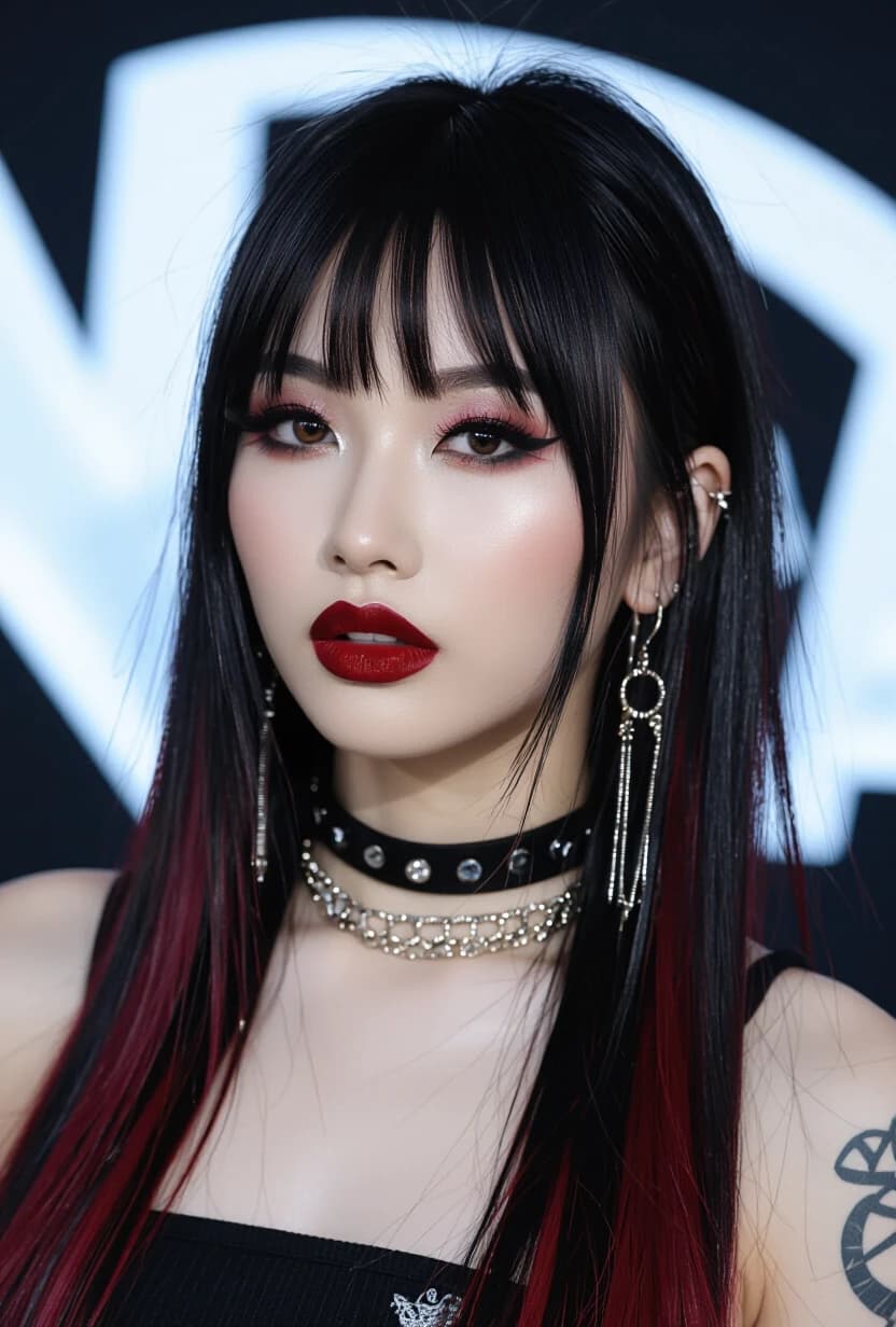 closeup portrait of an Asian goth woman, messy straight-cut long hair, bangs, multi-tone hair (black with red and blue highlights), long earrings, heavy make-up, red lips, dark eyeshadow, dark background