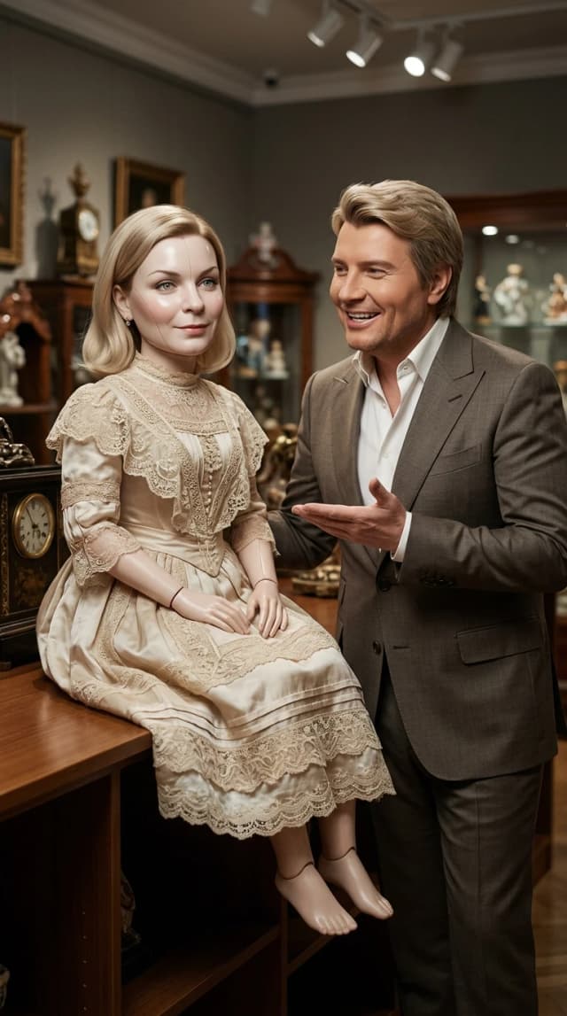 Hyper-realistic cinematic shot, high-detail photography. A middle-aged woman with a flawless, porcelain-doll skin texture, wearing an exquisite vintage doll outfit with lace and silk details, sitting gracefully on a polished wooden shelf within a luxurious private collection. Next to her, Nikolay Baskov, looking elegant in a designer suit, is gesturing towards her with a proud, boastful expression, showcasing his prized collection. The composition follows the rule of thirds, focusing on the interaction between the man and the doll. Soft, warm museum-style spotlighting creates gentle highlights on the porcelain skin and deep, rich shadows in the background. The environment features blurred shelves filled with other antique collectibles, creating a sense of depth (bokeh effect). Extremely detailed textures of fabric, wood grain, and skin pores. Shot on 35mm lens, f/1.8, realistic lighting, natural color grading, no digital artifacts, authentic cinematic atmosphere.