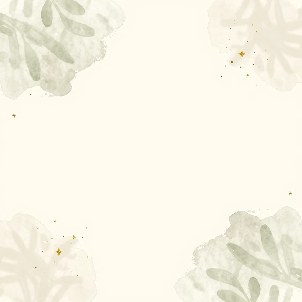 Minimalist aesthetic background for text, empty center, soft beige and cream textured watercolor paper, delicate olive green watercolor brush strokes in the corners, soft dappled leaf shadows on a wall, airy and light, golden sparkles and small stars, tiny gold dots, warm neutral tones, elegant boho style, flat lay, negative space in the middle, illustration style, high quality, 8k, vertical format.
