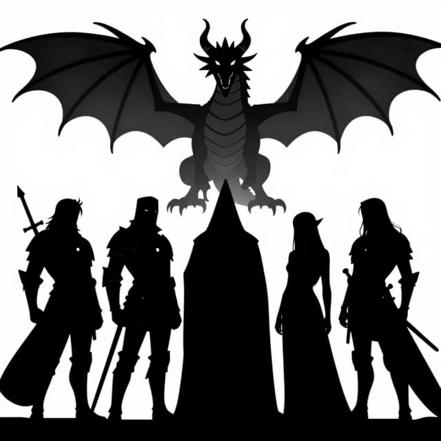black and white silhouette, fantasy creatures, dragon, knight, wizard, elf, high contrast, sharp edges
