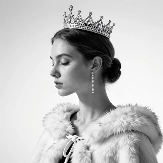 Тип изображения / стиль: фотореалистичный beauty-fashion портрет, студийный high-key ч/б, “royal queen / crown editorial”, минималистичный фон, мягкая киношная пластика света, очень плавные градиенты серого, тонкий film grain (умеренно), сверхчистая ретушь без эффекта пластика. Композиция / ракурс Вертикальный кадр (портрет). Крупный план: голова и верх плеч, кадр обрезает ниже ключиц/до середины меховой накидки. Модель показана в строгом профиле (лицо смотрит влево), шея вытянута. Глаза закрыты или опущены, выражение спокойное, почти медитативное. Корона занимает верхнюю часть кадра, визуально “подчеркивая” профиль. Фигура повернута так, чтобы были видны контуры носа, губ и подбородка в боковом свете. Волосы / укладка Волосы аккуратно уложены назад/вниз, чтобы открыть ухо и линию шеи. Никаких растрёпанных прядей, общая геометрия прически чистая и ровная. Корона / тиара (ключевой акцент) Роскошная серебристая корона-тиара с множеством высоких каменных “пиков” (как корона с ажурными зубцами). Основа: тонкая металлическая филигрань с инкрустацией прозрачными кристаллами/алмазной крошкой. Камни должны давать реалистичные микро-блики (яркие точки) и мягкое отражение, без “радужных” артефактов. Корона стоит ровно по центру головы, не смещена и не деформируется. Украшения Длинные серьги-подвески (капля/цепочка): видна длинная нить с маленькими кристаллами и легким движением/падением. Небольшое колье/подвеска на шее (минимализм): тонкая цепочка с аккуратным кулоном (в ч/б он светлый, не массивный). Одежда / фактура Меховая накидка/шаль белого цвета (как белый искусственный мех или натуральный), крупная пушистая фактура. Важно: мех должен выглядеть материальным, с индивидуальными ворсинками и мягкими тенями, а не “плоской” заливкой. Плечи закрыты мехом, мех занимает нижнюю часть кадра. Свет / фон / атмосфера Белый студийный фон (near-white) с очень мягким градиентом, без видимых предметов. Освещение: мягкий боковой/контурный свет, чтобы подчеркнуть контуры лица и шеи. Никаких жёстких теней: только плавные переходы по скулам и линии носа. Общий цветовой режим: монохром, высокий ключ (high-key), но без “съедания” деталей на