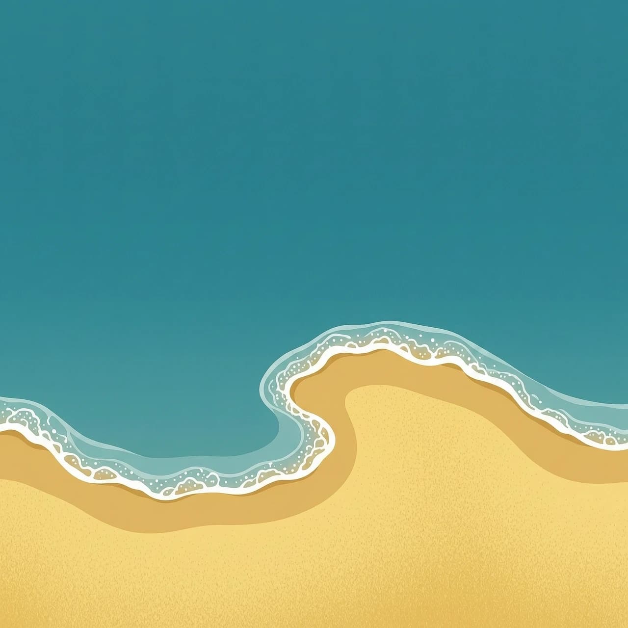 A vertical minimalist digital art piece, high-angle view. The top two-thirds of the image is a beautiful deep turquoise sea, the bottom one-third is warm textured yellow sand. The coastline is a single, clear, dramatic S-shaped winding wave with a tiny bit of soft white sea foam. Very smooth and elegant curve of the shoreline. Clean graphic layout, vibrant natural colors, completely blank background, no people, no text, no letters, no ornaments