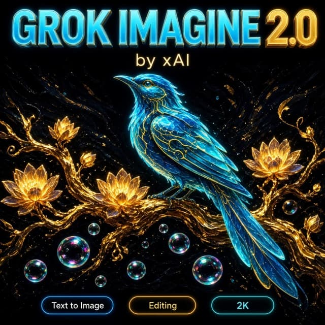 Anime oil painting. A luminous blue bird with translucent feathers perches gracefully on a glowing golden branch adorned with stylized blossoms that emit warm light from within their centres. Its body glows like neon circuitry, streaked with radiant lines of gold and cyan, facing slightly leftward with an alert yet calm posture, head tilted gently upward. The branches twist dynamically against a deep black backdrop, iridescent soap bubbles drifting below, thick painterly brushwork. Over this artwork, as a clean square cover layout that fills the frame edge-to-edge with no border and no mockup: bold glowing modern 3D typography reading "GROK IMAGINE 2.0" across the top, crisp and perfectly legible, EXACTLY ONE line, appears only once, with a small clean tag "by xAI" directly beneath it, and along the bottom edge one row of three small rounded glowing badges labelled "Text to Image", "Editing", "2K". Nothing else is written anywhere in the image.