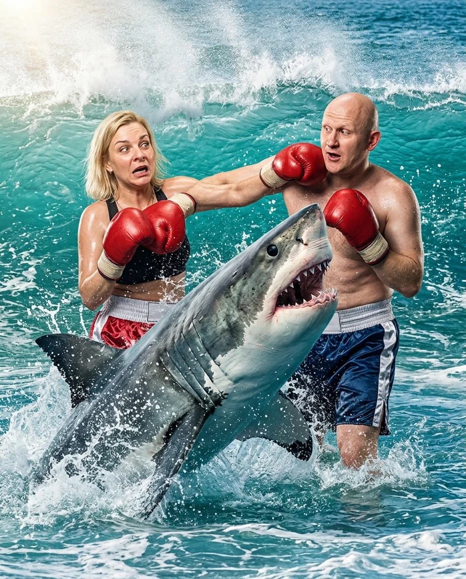 A comical and surreal cinematic shot of a man and a woman, both depicted as professional boxers in full boxing gear—including padded gloves, satin trunks, and hand wraps—engaged in an absurd, frantic struggle against a large shark in the middle of the ocean waves. The composition is a dynamic mid-action wide shot, capturing the chaotic splashing of salt water and the intense, funny expressions on their faces. The lighting is bright, natural sunlight reflecting off the turquoise sea, creating high-contrast highlights on the wet skin and splashing droplets. The style is a hyper-realistic high-speed photography aesthetic, similar to a National Geographic action shot but with a bizarre, humorous twist. Detailed environment includes swirling ocean foam, deep blue sea depths, and sunlight refracting through translucent water splashes. The mood is whimsical, strange, and high-energy, blending epic struggle with ridiculous comedy. High resolution, 8k, detailed textures of wet fabric and glistening skin.