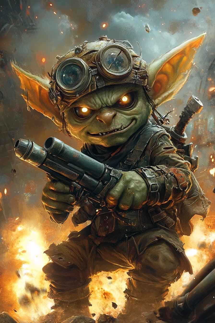 Fantasy character portrait, male goblin, green skin, tiny, shaking hands, wide crazy eyes, covered in soot, wearing scrap metal helmet, holding a homemade rocket launcher, background explosion smoke, chaotic fun style, cartoonish but dark, art by Wayne Reynolds, --ar 2:3
--style raw --stylize 200