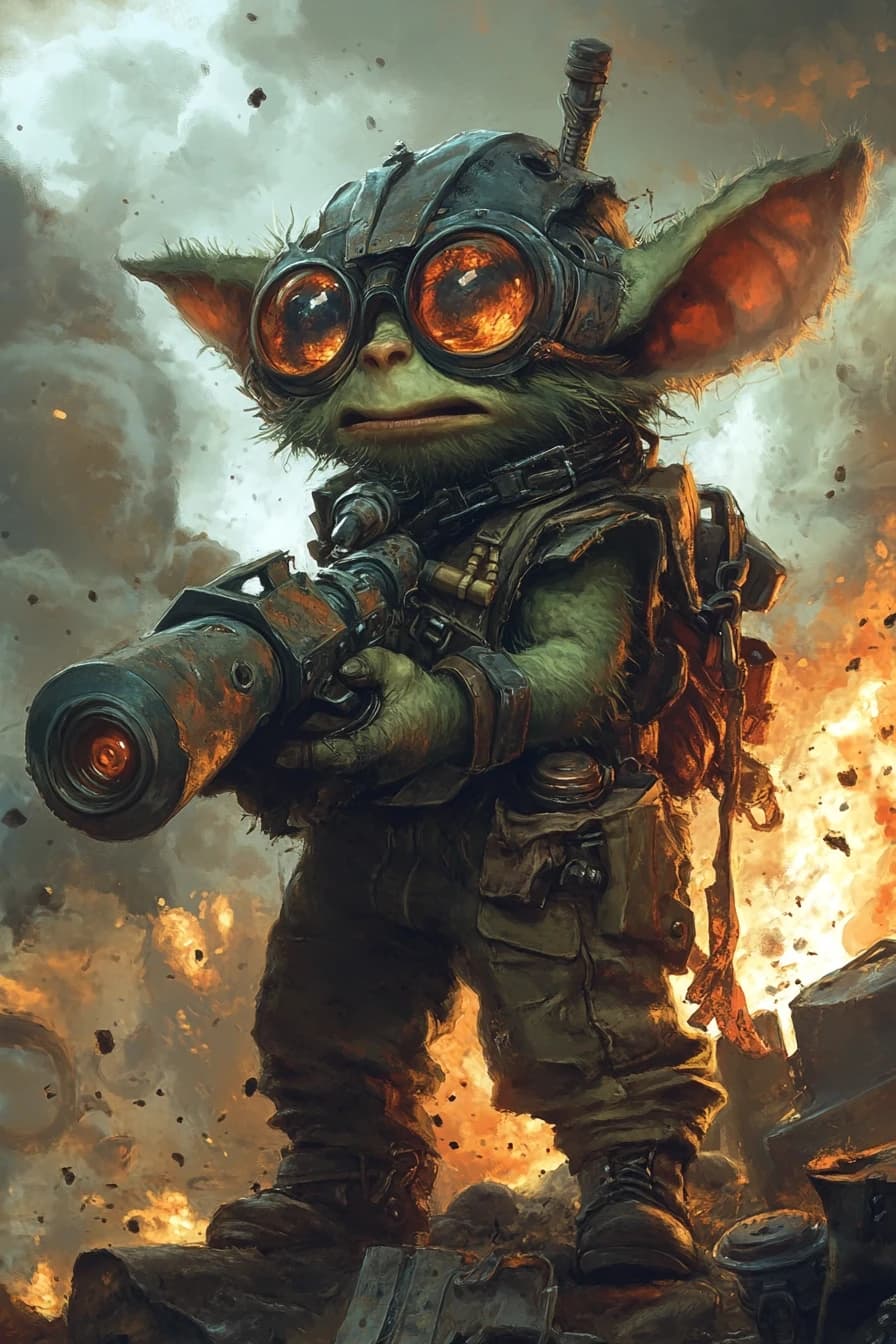Fantasy character portrait, male goblin, green skin, tiny, shaking hands, wide crazy eyes, covered in soot, wearing scrap metal helmet, holding a homemade rocket launcher, background explosion smoke, chaotic fun style, cartoonish but dark, art by Wayne Reynolds, --ar 2:3
--style raw --stylize 200