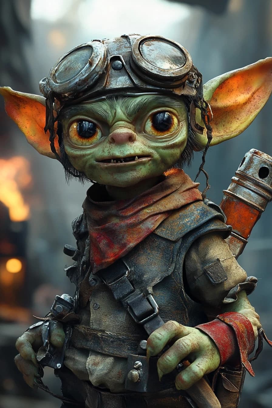 Fantasy character portrait, male goblin, green skin, tiny, shaking hands, wide crazy eyes, covered in soot, wearing scrap metal helmet, holding a homemade rocket launcher, background explosion smoke, chaotic fun style, cartoonish but dark, art by Wayne Reynolds, --ar 2:3
--style raw --stylize 200