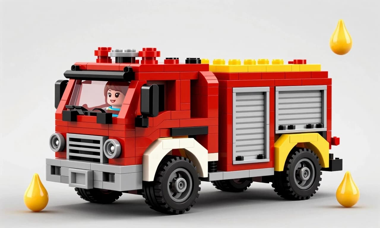 Lego version, transformable fire truck, woman, red, complementary color, yellow, cheerful, mayonnaise drops, illustration, 8k, cinematic style digital art, high quality, 8k realistic detail, deep colors, intricate details,