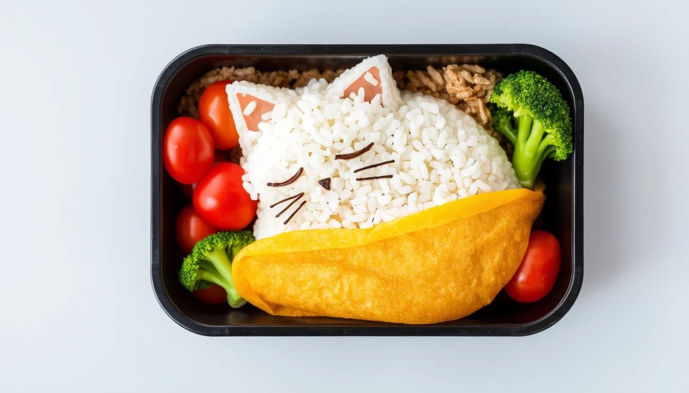A perfectly arranged Japanese bento box featuring a sleeping cat made of fluffy white rice, with nori details for its eyes and whiskers, snuggled under a blanket made of a thin egg omelette. Surrounding the rice-cat are colorful cherry tomatoes and broccoli florets. Bright, flat-lay food photography.